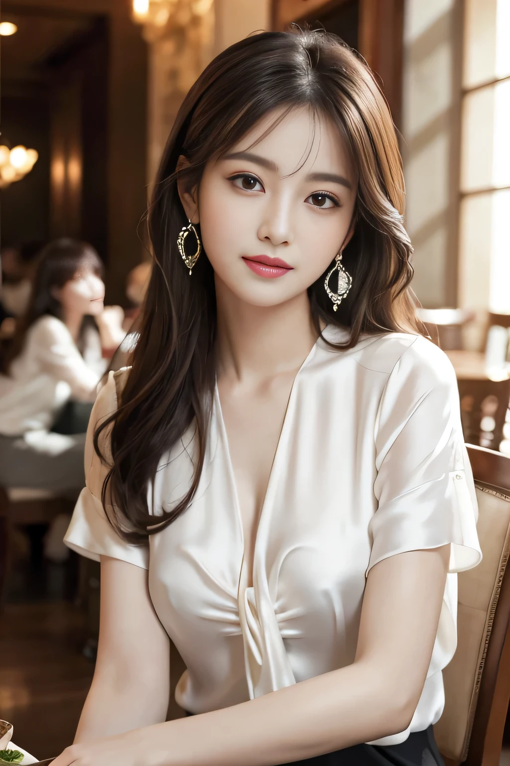 masterpiece, highest quality, Realistic, Very detailed, Finer details, High resolution, 8k wallpaper, One beautiful woman, Wear an elegant see-through shirt, In a great restaurant, At night, Light brown messy hair, Perfect dynamic composition, Beautiful and beautiful eyes、Big earrings、Sitting in a chair、Back view、