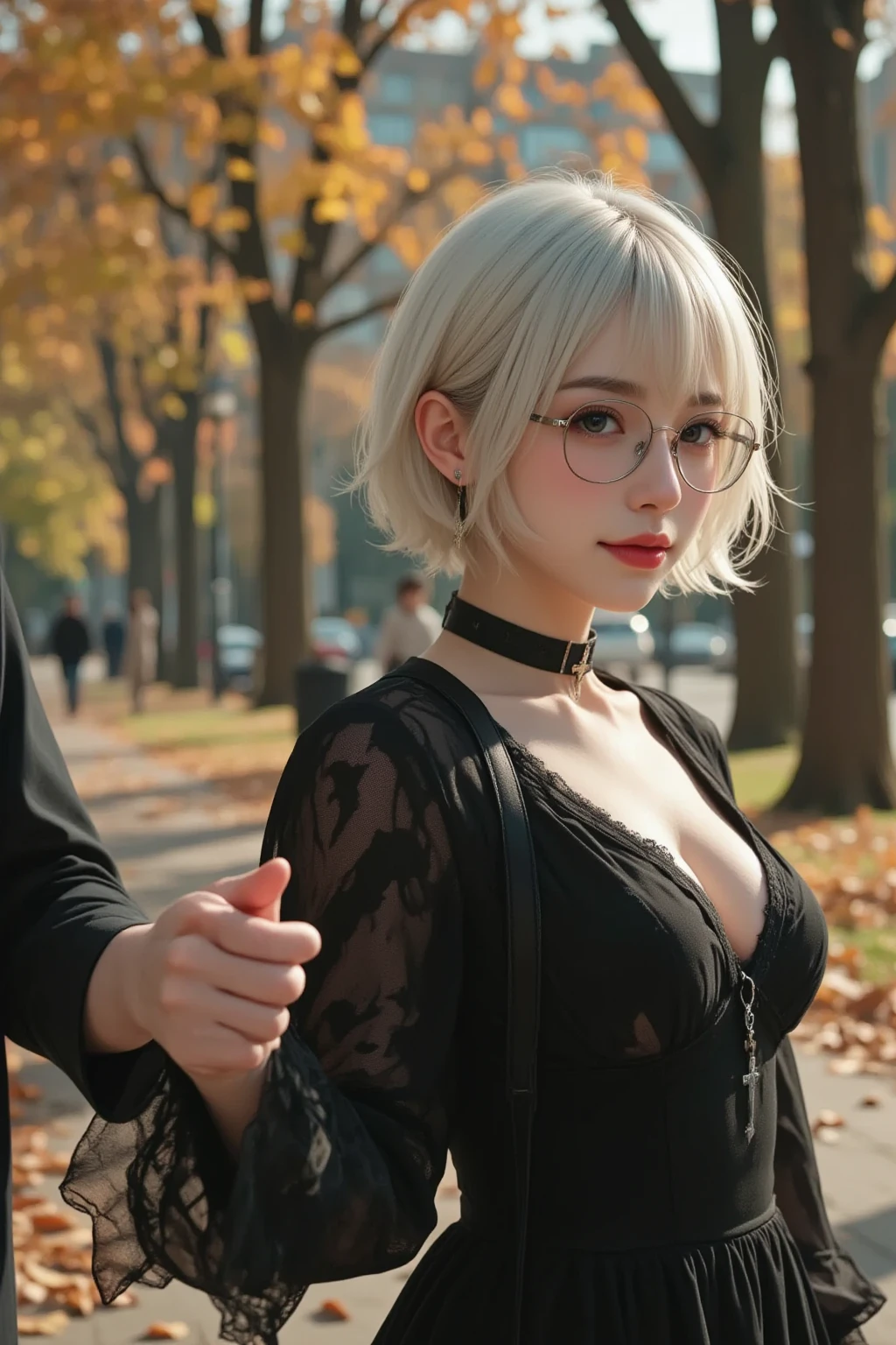 a 25 yo woman,(hi-top fade:1.3),long curly windblown white hair, dark theme, soothing tones, black gown, high contrast, (natural skin texture, hyper realism, soft light, sharp), looking at viewer, natural makeup, medium breast, perfect composition, high detailed hair, necklace, clear sunglasses