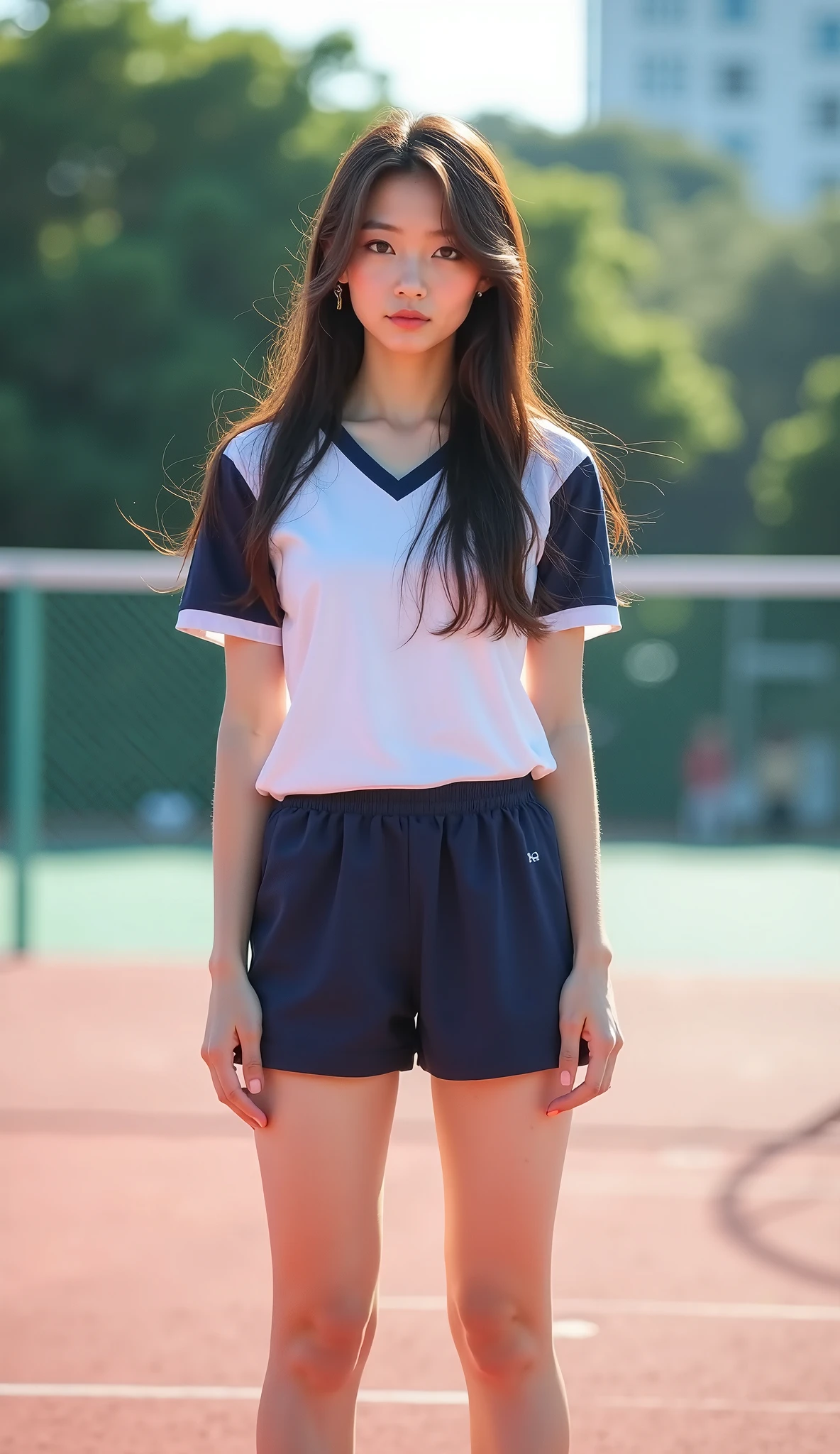 (8K、Raw photography、top-quality、​masterpiece:1.2)、(realisitic、realisitic:1.37)、超A high resolution、photon maping、Physically Based Rendering、1girl in、(brunette:1.3)、Twin-tailed、A detailed face、A detailed eye、is standing、Look at viewers、(little smile cute:1.2)、(Happiness)、Healing cute、(Soccer Field:1.2)、(early evening:1.2)、sweat pant、Open Sports Jacket、white t-shirts、Colossal tits