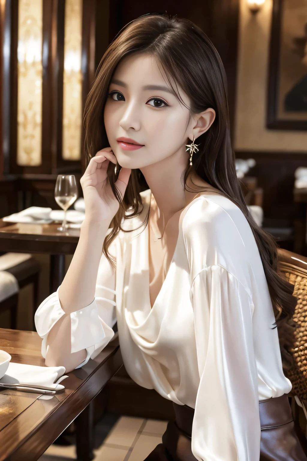 masterpiece, highest quality, Realistic, Very detailed, Finer details, High resolution, 8k wallpaper, One beautiful woman, Wear an elegant white see-through blouse, In a great restaurant, At night, Light brown messy hair, Perfect dynamic composition, Beautiful and beautiful eyes、Big earrings、Sitting in a chair、