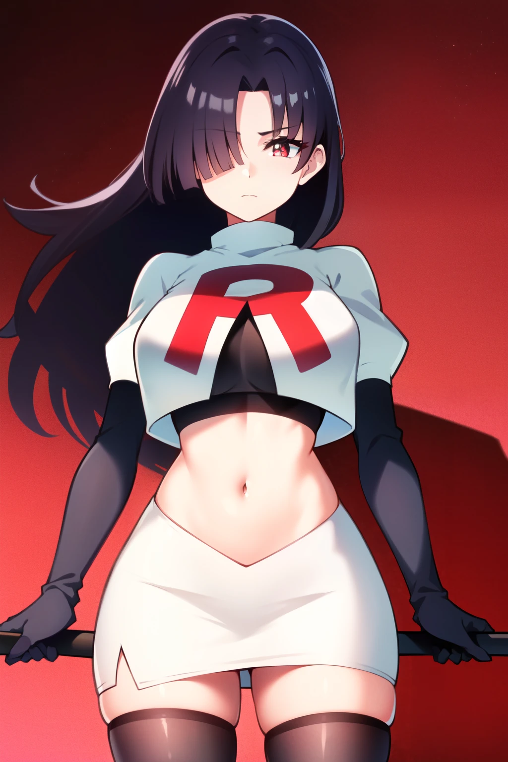 akane, 1girl, solo, long hair, skirt, large breasts, black hair, ribbon, very long hair, purple eyes, hair ribbon, ponytail, hakama skirt, miko, masterpiece, team rocket,team rocket uniform, red letter R, white skirt,white crop top,black thigh-highs,black elbow gloves
