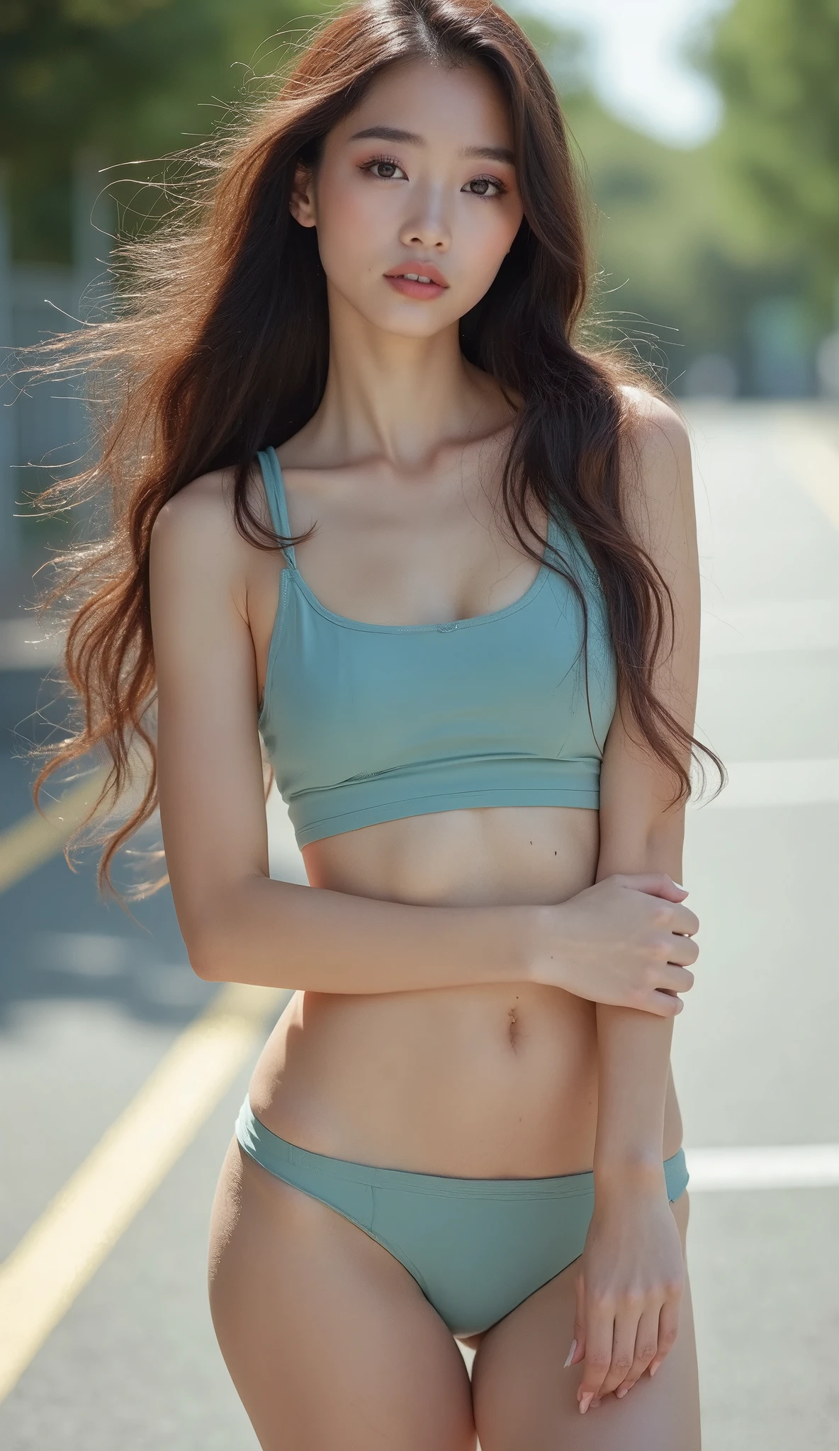 19 year old girl, The blue stripes on the briefs are very sexy., andenhud, 1girl, realistic, photo_(medium), solo, navel, panties, underwear, 3d, lips, traditional_media, long_hair, tank_top, photorealistic, European, pntyad, perfect face, skin pores, looking_at_viewer, good contrast, good rating, good aesthetic, good blur, good noise, bokeh