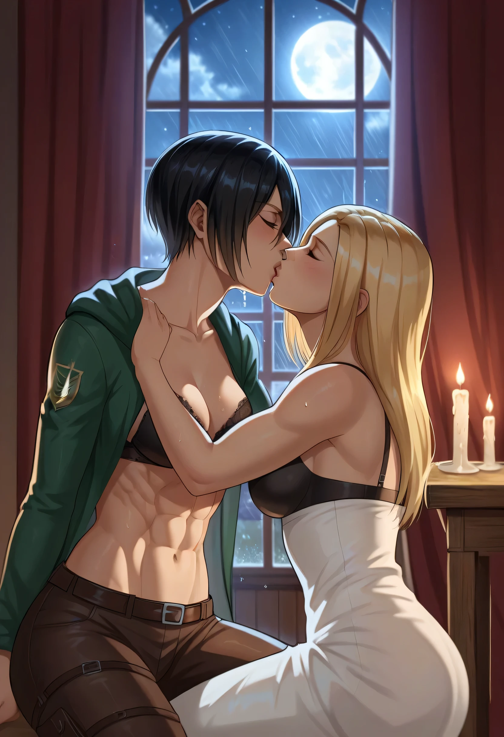 score_9, score_8_up, score_7_up, BREAK source_anime, historia reiss, blue eyes, blonde hair, long hair, medium breasts, long white dress sleeveless,female black hair soldier hugs historia,Mikasa with historia hugs,mikasa wreanig sport black bra with open green jacket and black combat pants,Mikasa female with short hair,mikasa female medium breasts,eyes closed,in night,moon in sky,mikasa final season,mikasa,Mikasa hugs historia،mikasa femboy,mikasa final season,historia blonde hair,hugs and kissing,mikasa carrying historia and kissing her,Mikasa lifts Historia up and kisses her.in middle night,raining outside,mikasa final season,girls kissing,girl×girl,lesbians,yuri,romantic wallpapers,historia sitting on mikasa and kissing her,Mikasa in both hands touch historia ass, raining outside the room,mikasa final season design,character's from season 4,historia enjoyed while kissing mikasa, both,one of Historia hands touch mikasa abs,romantic kissing,mikasa pixie cut hairstyle,Serious love,inside room,dark room,candle light in room,HD WALLPAPER,perfect colors,Shining on character's hair,Shining body's