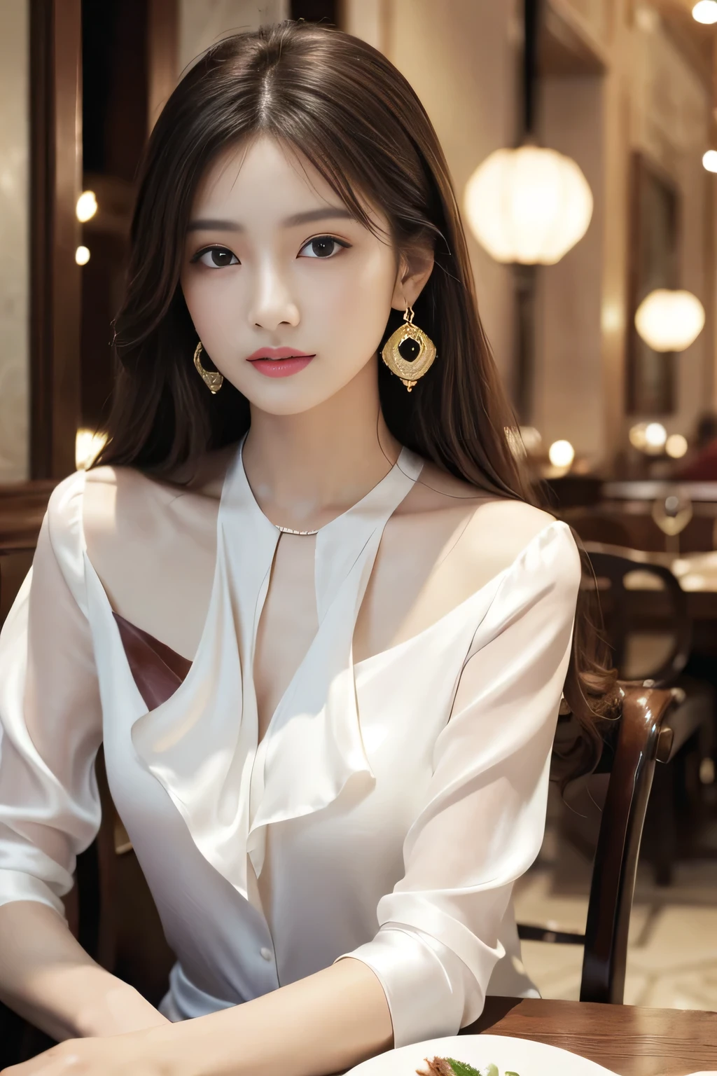 masterpiece, highest quality, Realistic, Very detailed, Finer details, High resolution, 8k wallpaper, One beautiful woman, Wear an elegant see-through shirt, In a great restaurant, At night, Light brown shaggy haircut, Perfect dynamic composition, Beautiful and beautiful eyes、Big earrings、Sitting in a chair、