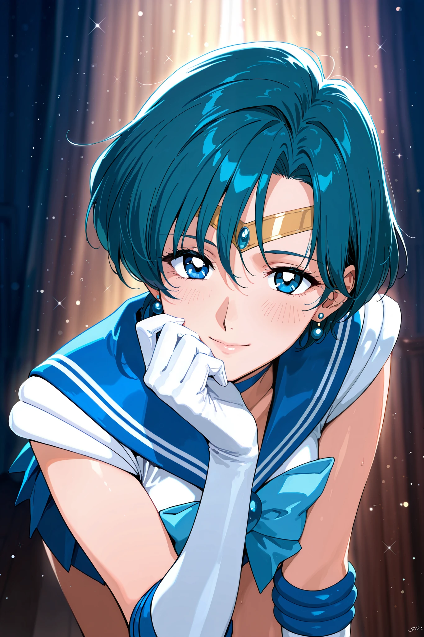 sailor mercury,masterpiece,ultra quality,ultra detailed,beautiful,blue hair,short hair,1990s,