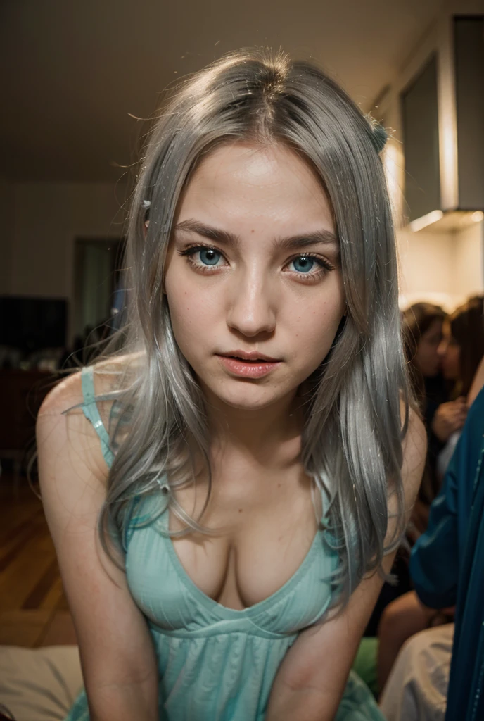 gray hair girl, two monkeys, blue eyes, young face, Selfie Photo, view from above, completely naked, eyes with orange highlighter