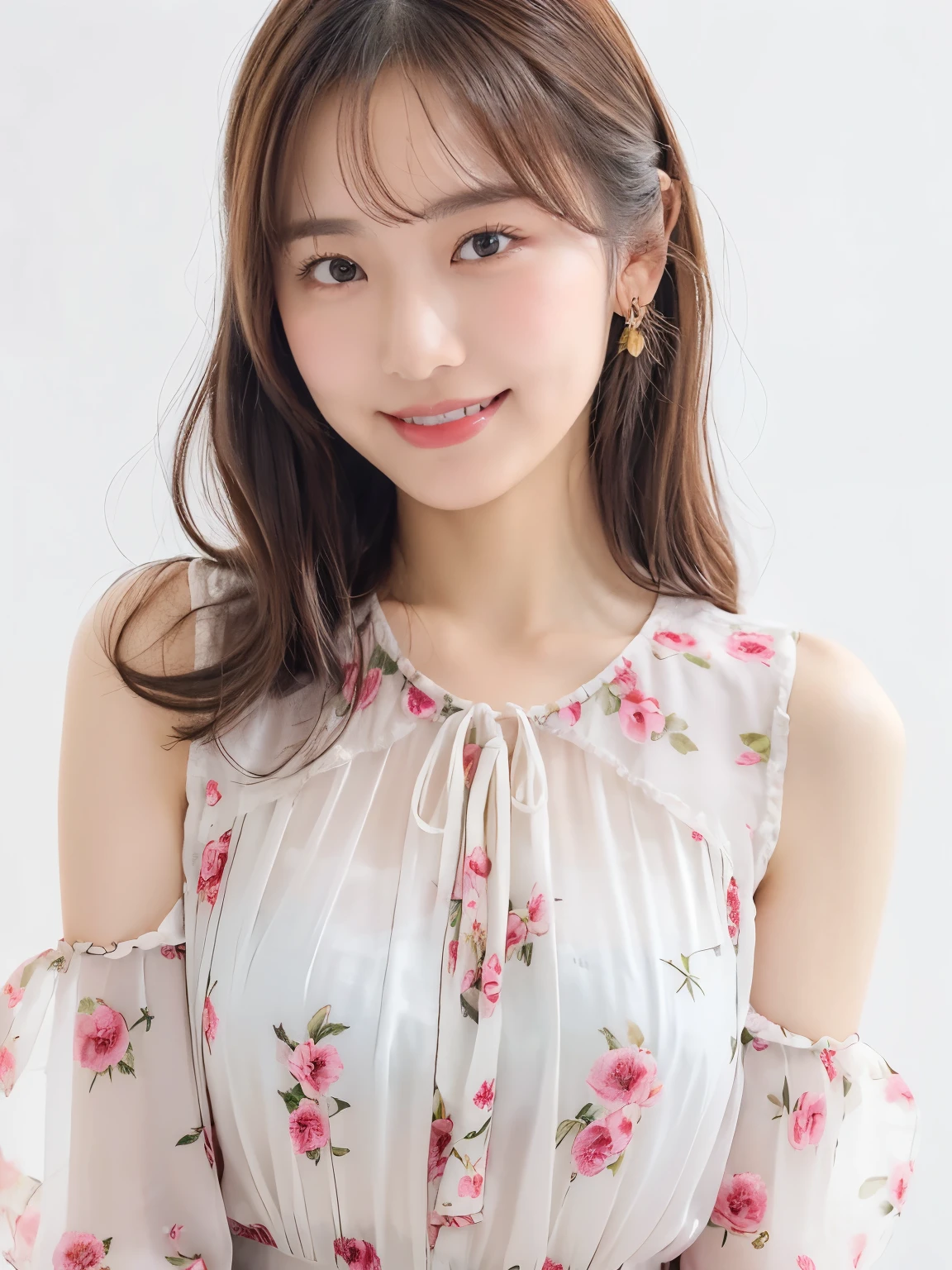 A close up of a woman wearing a white dress with pink flowers - SeaArt AI