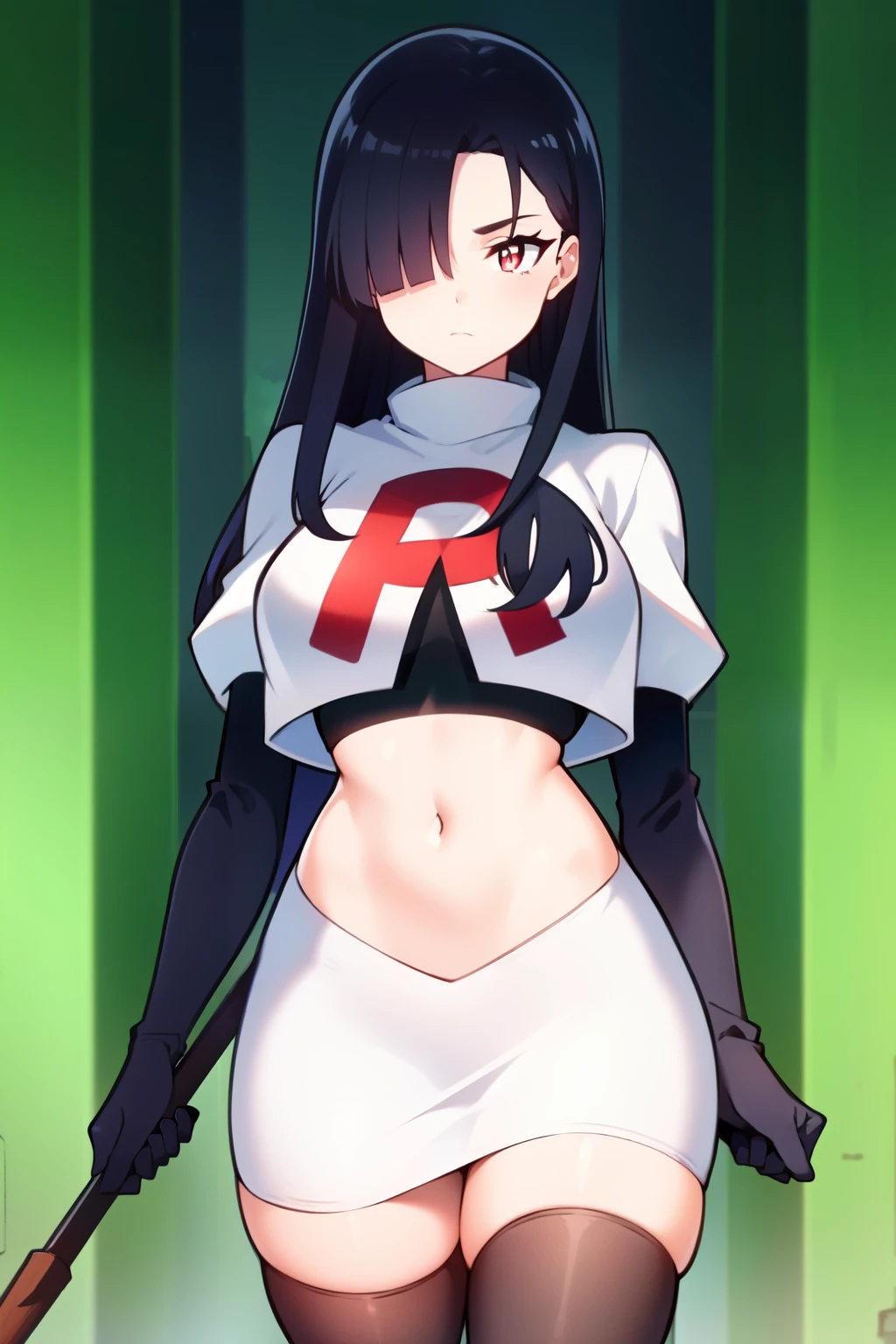 (masterpiece, best quality, ultra-detailed), 1girl, looking at viewer, glasses, team rocket,team rocket uniform,white skirt,red letter R,crop top,black thigh-highs,black elbow gloves,