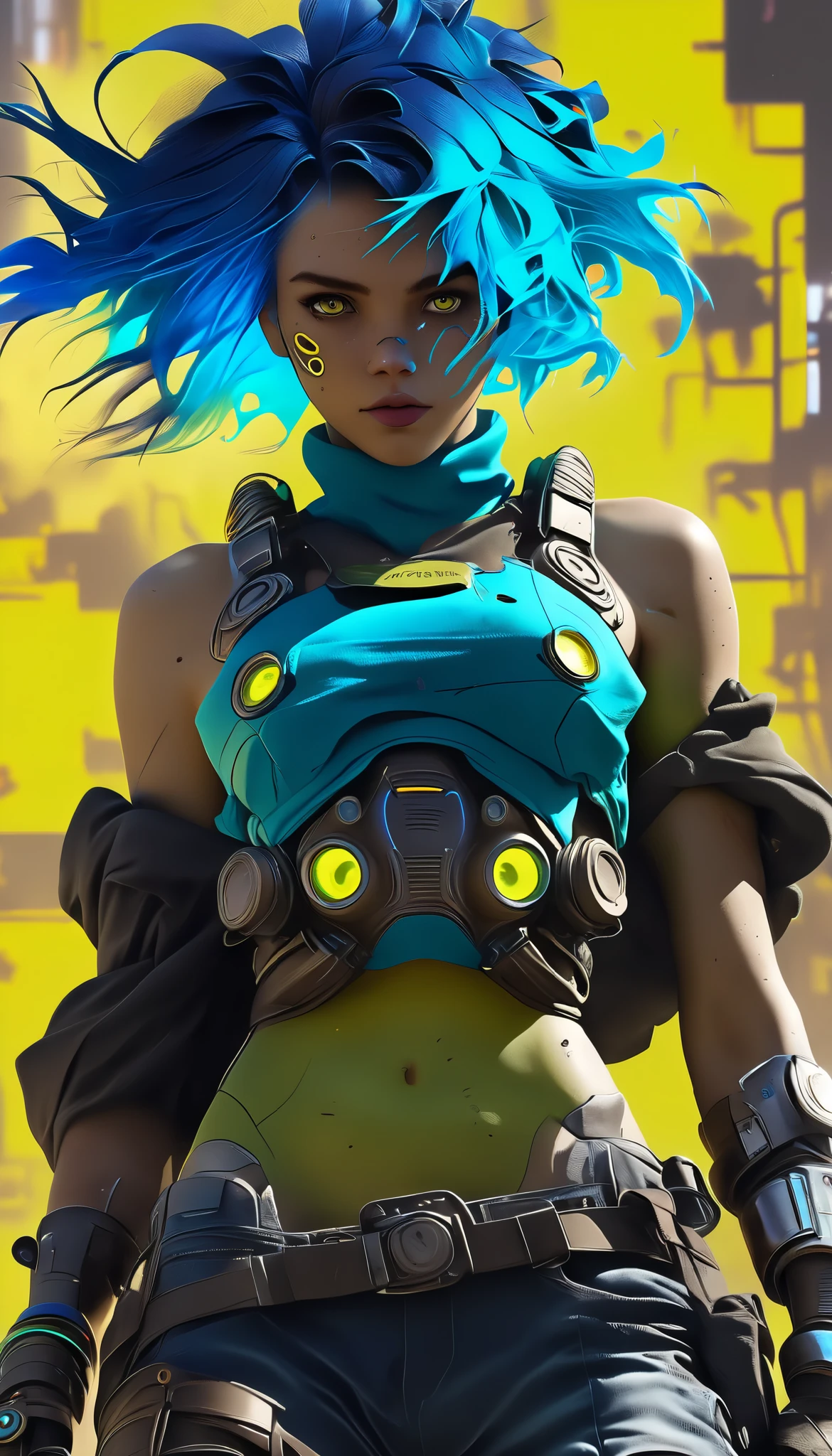 plano general, whole body:1.4, a post-apocalyptic cyberpunk android with short blue hair, an extremely large and perfectly shaped bust, A provocative pose, gas mask, detailed facial features:1.5, skin texture, dynamic pose, action, Hyper realistic, 8k, ultra detailed, Masterpiece, photorealistic, dramatic lighting, Color change, dramatic depth of field, intricate mechanical details, Intricate Circuits, bright neon accents, science fiction dramatic atmosphere, cinematographic composition