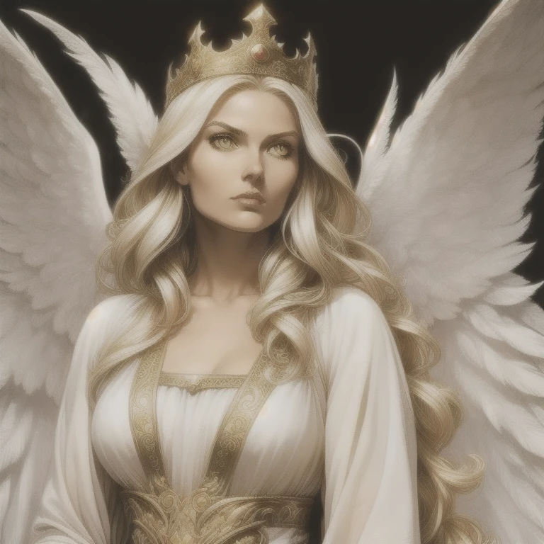 Archangel with six wings and a female figure that has short white hair above her ears, she has a pair of small wings that come out of the sides of her head and cover her golden eyes acting as a blindfold, behind her head she has a golden halo as a crown and she wears white clothes with golden decorations in the shape of laurels, she is sitting on a red throne.