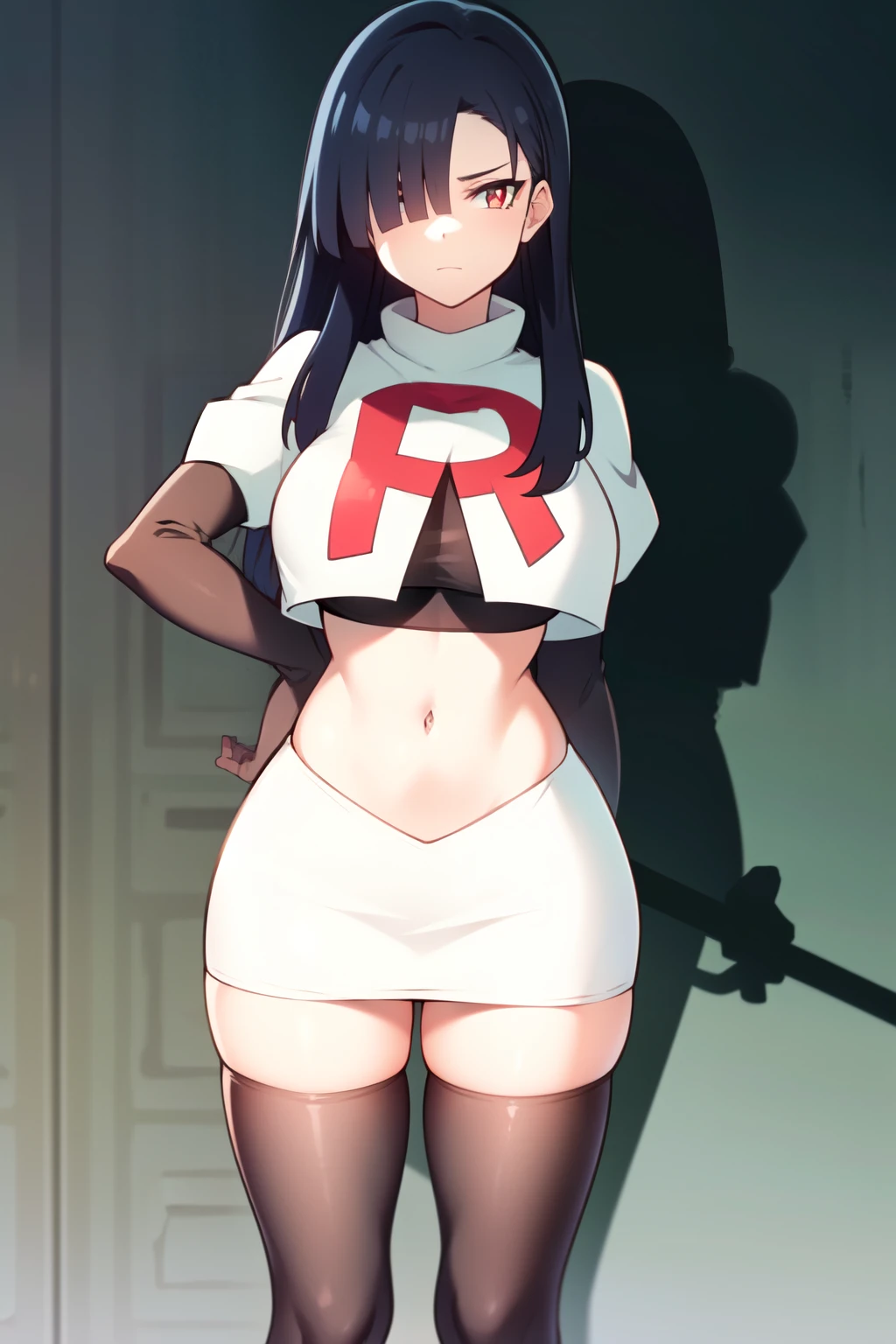 masterpiece,Highest quality,High resolution,Anime Style,(1 high school girl:1.2), (((Team Rocket uniform), Short skirt), (Black Patent Leather Gloves), Black patent leather boots, Black panties),(Smiling with teeth showing:1.3),(hairs color light pink, Wavy mid-length hair, Gal Makeup, Eyelash extensions, Make your eyelashes thinner and longer:1.3), (Panty shot, The subject is viewed from below:1.2), (Clothes that look good:1.1), (Blank Background:1.3)