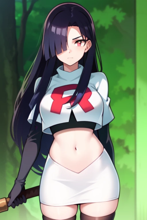 One girl, Lulu, Black gym bloomers, High Leg,whole body, Aquamarine Eyes, chest、(Black gym bloomers)+(Red blouse)、Cowboy Shot、alone、umbilical cord、Bare Belly, Thigh height, Red Hat, Very long hair, Purple Hair, (Purple skin:1.1), Green Eyes, forest,