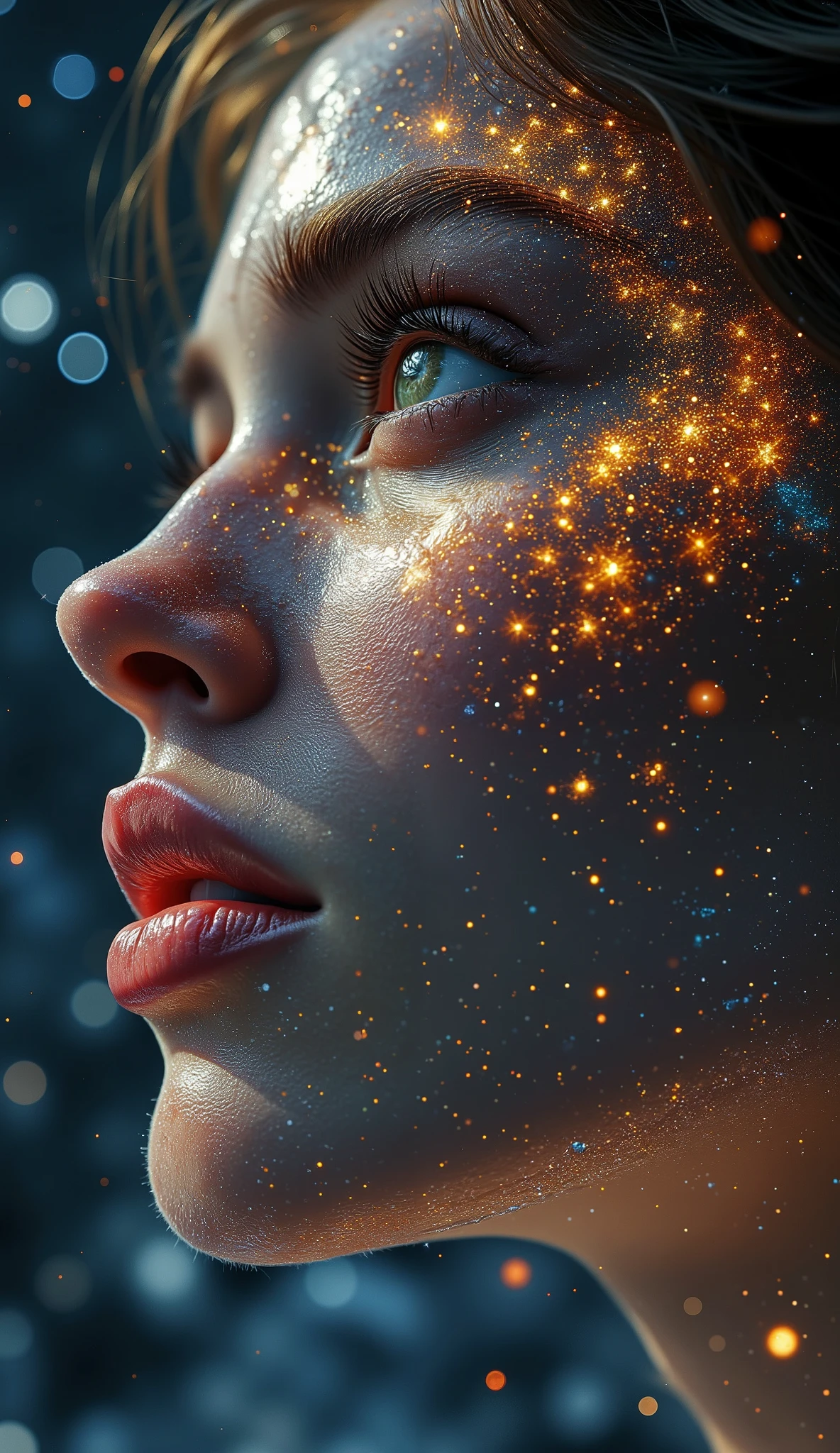 a cosmic body, face of a women, close up, face made of star and void, transparent body, perfecrly blending with surrounding, in a outer space, in background massive blackhole colliding with each other, beautifull view, breathtaking scenery, huge colossal body