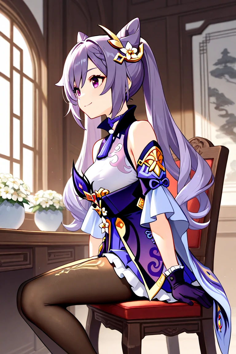 8k,masterpiece, best quality, ultra detailed, high resolution, super fine illustration,Keqing (Genshin impact), 1girl, solo, smile, purple eyes, purple hair, cone hair bun, double bun, braided bangs, long hair, , blue skirt, collared dress, gloves, pantyhose, purple dress, skirt, choker, feathers, flower,hairpin,neck tassel, white flower, sitting on chair,from side,