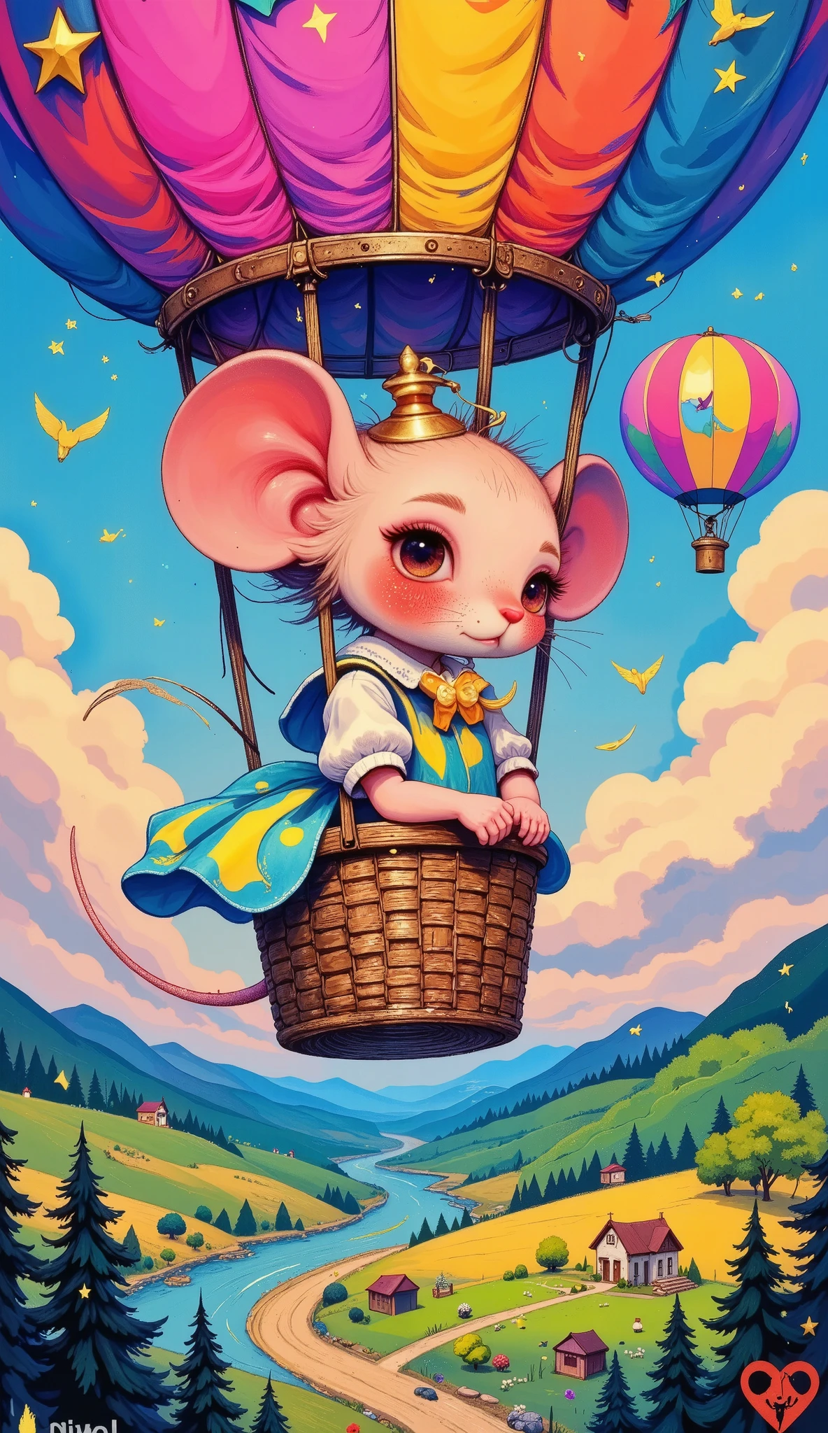 a cute fairytale mouse, traveling in a hot air balloon, whimsical, very colorful and idyllic, dreamlike, (best quality,4k,8k,highres,masterpiece:1.2),ultra-detailed,(realistic,photorealistic,photo-realistic:1.37),HDR,UHD,studio lighting,ultra-fine painting,sharp focus,physically-based rendering,extreme detail description,professional,vivid colors,bokeh,fantasy,ren's illustration