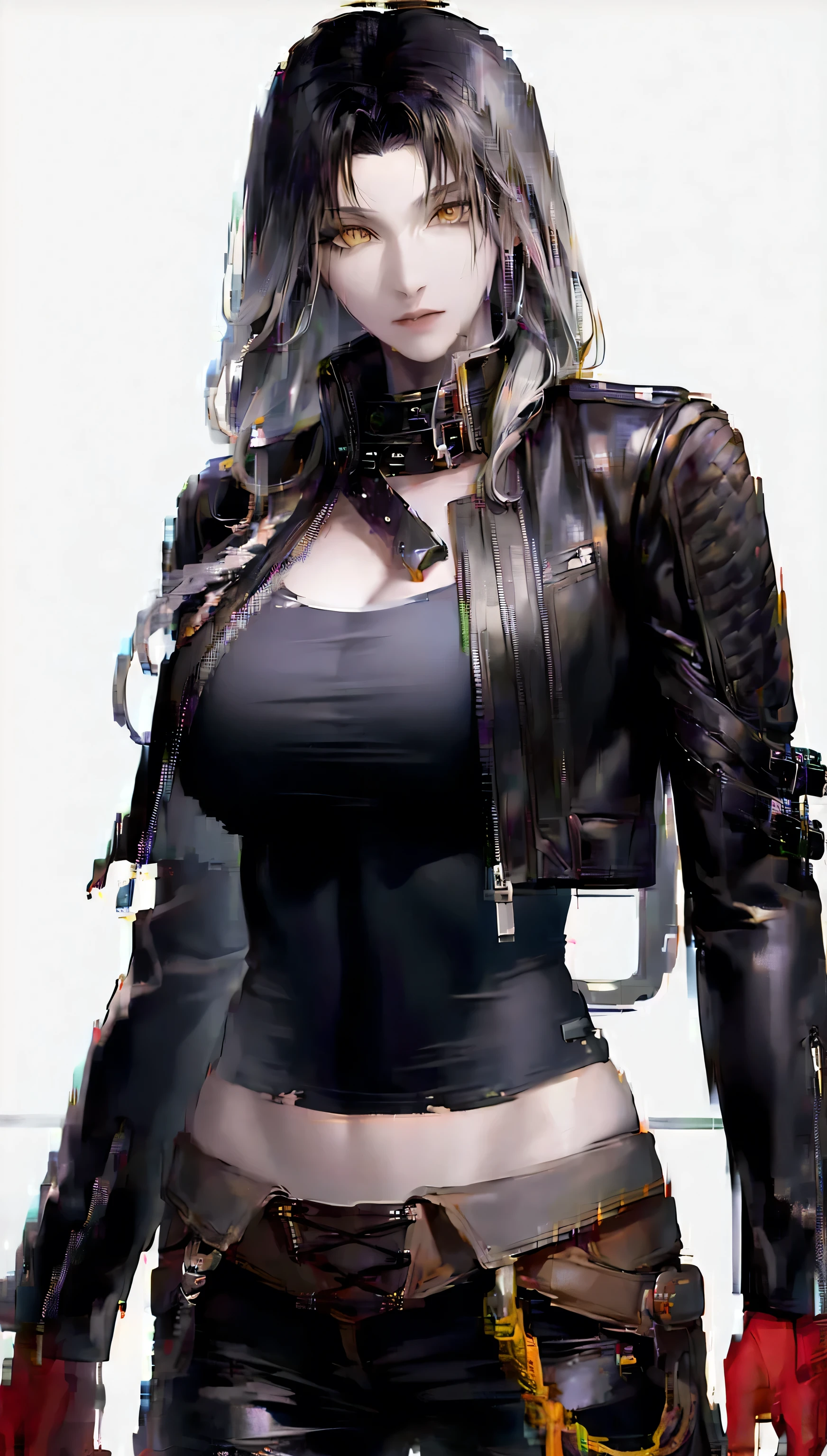 grey hair, yellow eyes,
red gloves,open jacket, black pants, tank top,
lady,mature female, cowboy shot,
(white background,simple background:1.18),
highres,official art,original,masterpiece,best quality,
huge breasts,