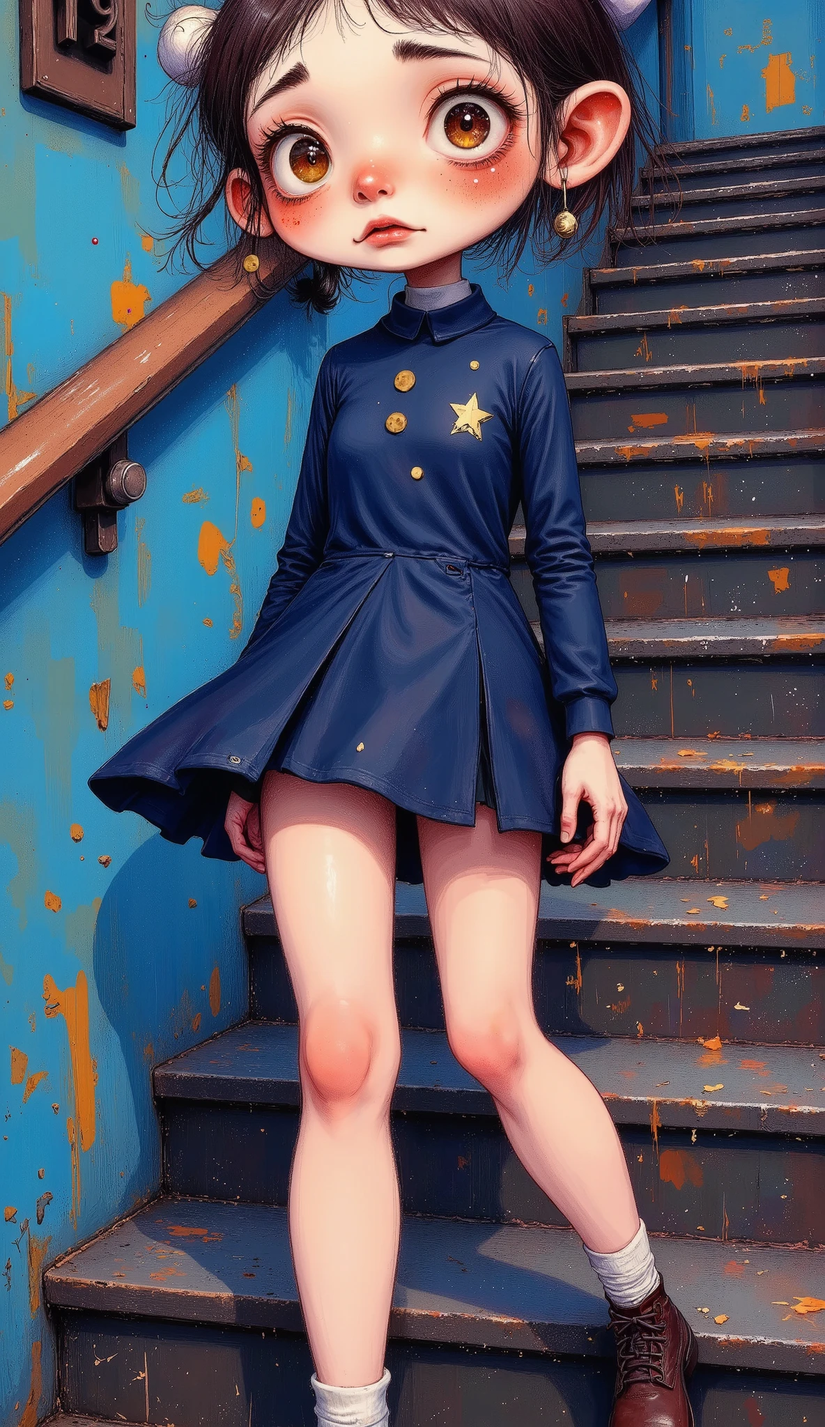 (( )), (( masterpiece)), ( High resolution), 8K, Best Tone , The best natural light, cinematic dust , High school student climbing the stairs 、20 years, ( brown hair)、 looking back , shy、 navy blue jacket 、navy blue skirt、(dark blue socks)、(( back view))、 Angled from directly below the back , (( seen from below ))、dark blue socksのクローズアップ、 Arrangement of the sleeve panels 、 Cartoon style 、Sleeve design、 Station stairs 、On the way to school, A skirt that moves with the wind, Elegant white panties hidden under a skirt , slim body , beautiful thighs, embarrassed expression