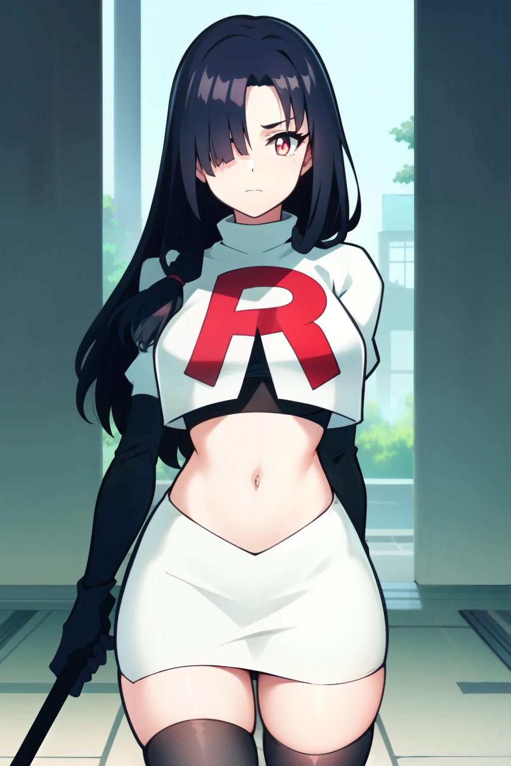 pokemonsabrina, pokemonsabrina, black hair, long hair, bangs, (blunt bangs:1.5), (red eyes:1.5), sidelocks, (bright pupils:1.5), (white pupils:1.5),
BREAK team rocket,team rocket uniform, red letter R, white skirt,white crop top,black thigh-highs, black elbow gloves,
BREAK looking at viewer, (cowboy shot:1.5),
BREAK (masterpiece:1.2), best quality, high resolution, unity 8k wallpaper, (illustration:0.8), (beautiful detailed eyes:1.6), extremely detailed face, perfect lighting, extremely detailed CG, (perfect hands, perfect anatomy),