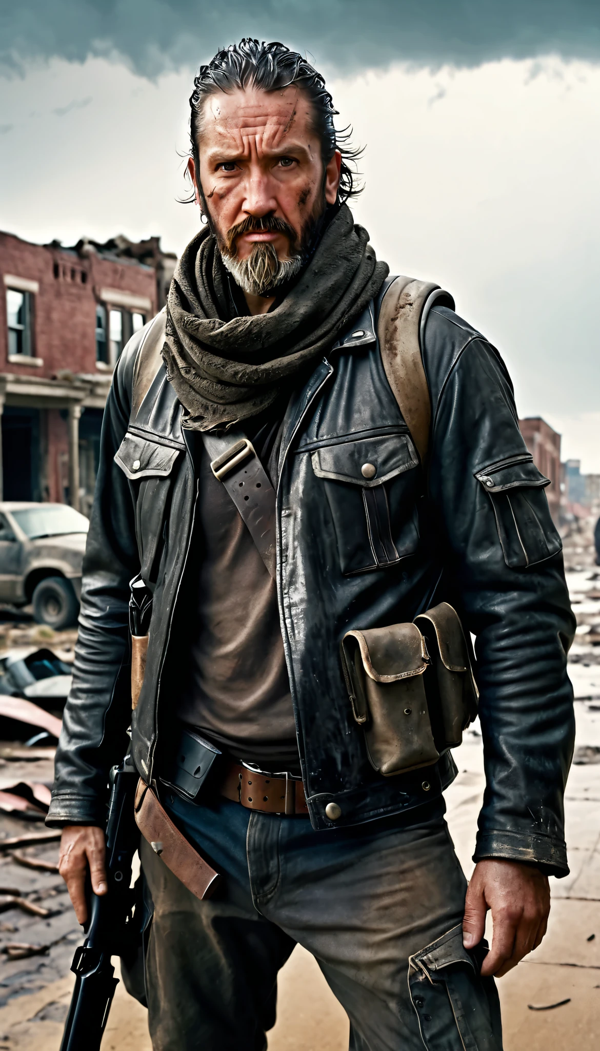 A rugged man in his early 40s, with a short, unkempt beard and a deep scar running across his cheek. His piercing eyes reflect both determination and exhaustion. He wears a worn-out leather jacket over a dark tactical shirt, a weathered scarf wrapped around his neck, and sturdy combat boots covered in dust and mud. His left hand grips a well-used rifle, while his right hand rests near a holstered revolver. The wind ruffles his slightly messy hair as he stands in the middle of a ruined city street, surrounded by abandoned cars, cracked pavement, and remnants of a once-thriving civilization. The sky is overcast, casting a moody, cinematic lighting with dramatic shadows. The image has a hyper-realistic, ultra-detailed, professional photographic quality, with intricate textures on his clothing, visible pores on his skin, and a lifelike depth of field. The atmosphere is tense, evoking a sense of survival and resilience in a post-apocalyptic world.
