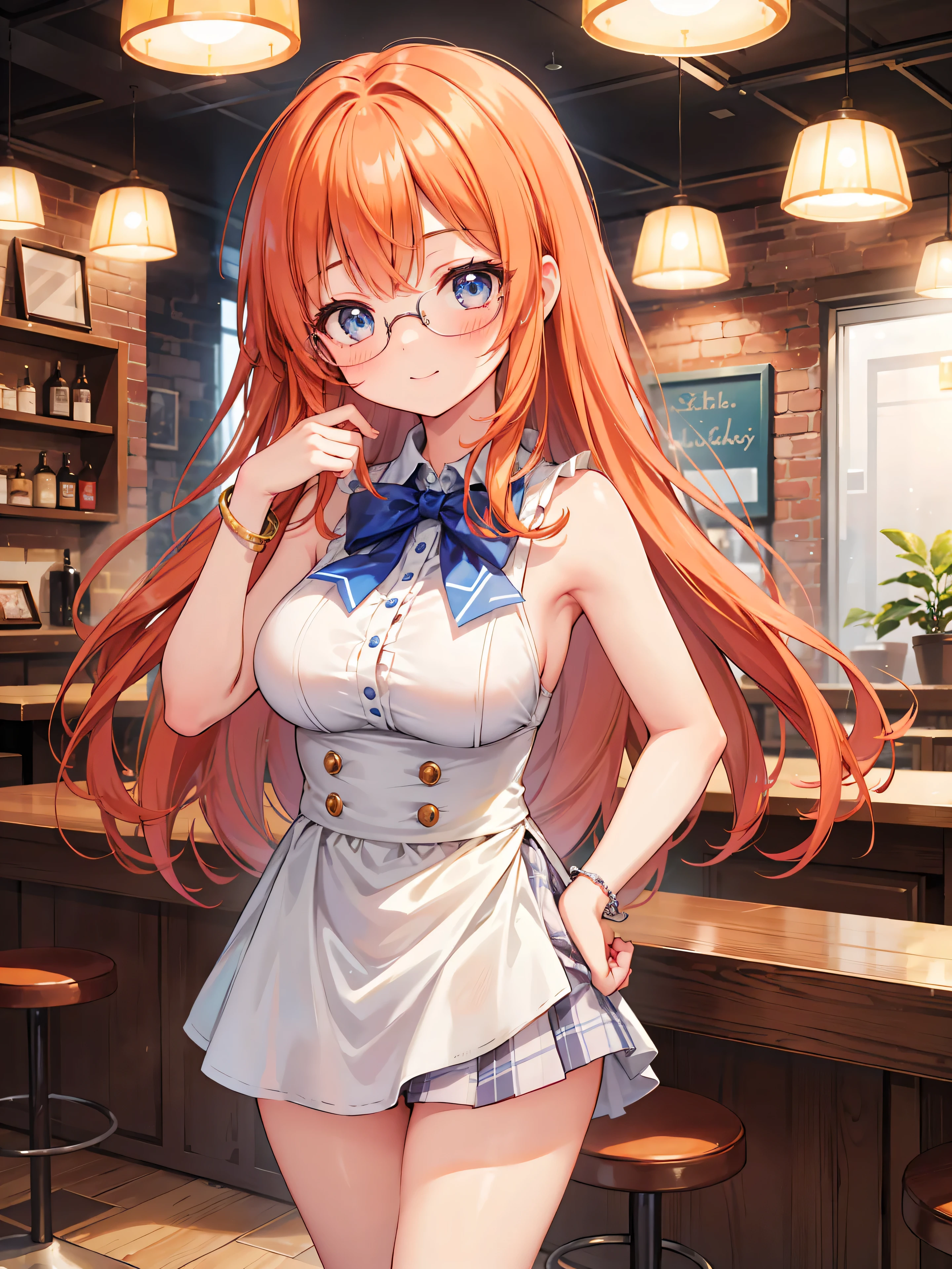 Highly detailed, high quality, masterpiece, beautiful, (all photo shooting), girl student girl, perfect eyes, blue eyes, light eyes, blushing face, happy face, with glasses, big thighs, medium breast, long hair, orange hair, with bracelet in hand, bow in hair, with waitress outfit, short mini skirt, sexy, full panties, background image in a modern cafe with many lights