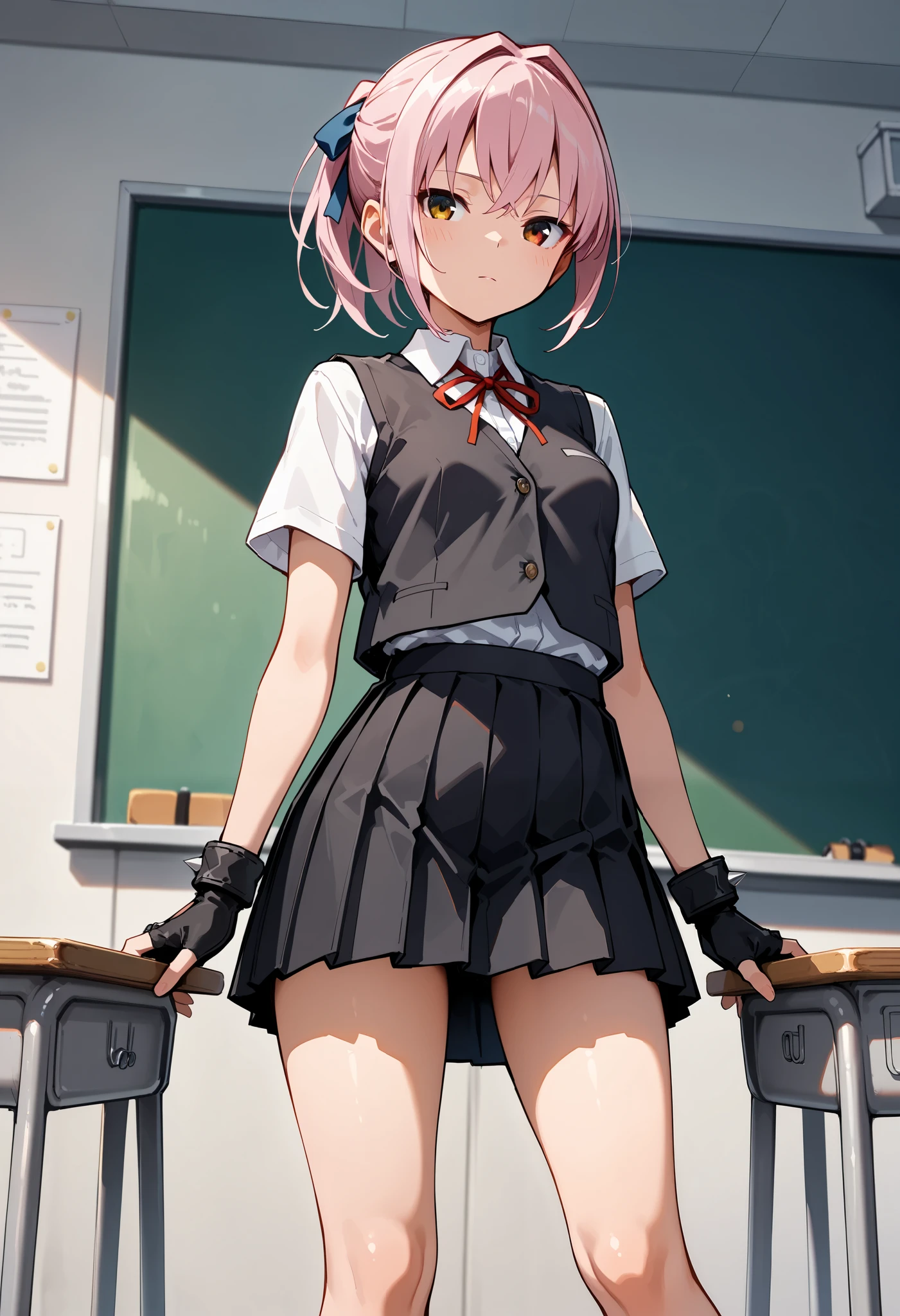   best quality , Masterpiece,  high resolution, Alone,  1 girl,{shiranui_kantaicollection:1.15}, Classroom Background,  school uniform,vest,hair_ribbon,,neck_ribbon,red_ribbon, pink_hair,green_eye,  fingerless_ gloves, pleated skirt, ponytail, white shirt,,黒 gloves, short_ sleeve , black skirt, shorthair,,,, spats,  small breasts,  Thin Waist ,  perfect proportions with spikes,  slender body,  well-balanced body 
