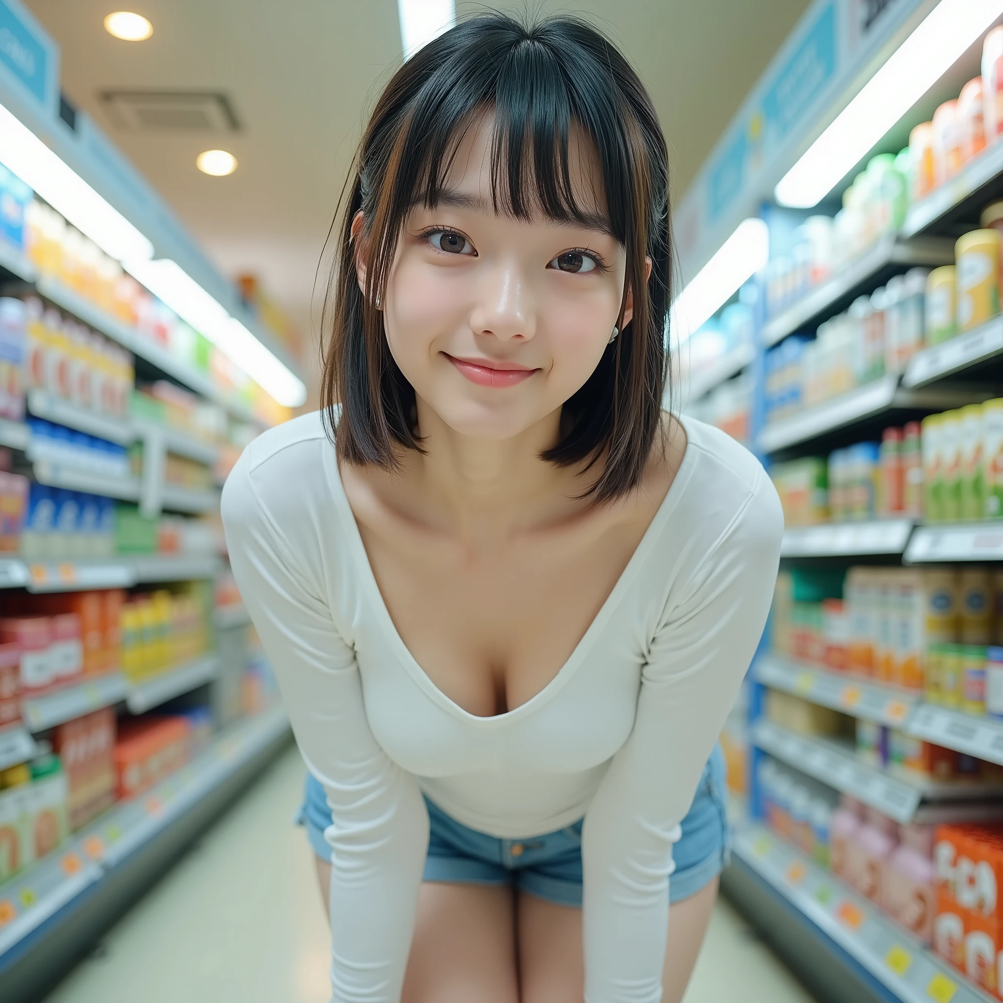 (photo:1.3),portrait photo,Masterpiece, nsfw,8k,photo realistic,full body shot,shooting from knee level,bent over,leaning forward,sweet sister,ceiling light,(1 girl, slender body, flat chest, Wide pelvis, Small Ass, toned limb,off shoulder),( 12yo Janese girl , 152 cm tall,pale skin),convenience store,bright lighting,black hair, ((Highlight Hair,Honey Brown Streak Hair)), Straight medium low Ponytail with Bangs ,(Young Face, cool face, Droopy eyes, hazel eyes, happy smiling ), Converse sneakers, leaning forward,Wear a Long Sleeve Tight Teeshirt,deep v-necked,short length T-shirt, Sleeves are black,Body is white, Blue Denim tight Mini Skirt ,85mm, Official AR RAW Photos ,(realistic, ultra detail ), best quality,chromatic aberration,anatomically correct , textured skin 、shopping basket