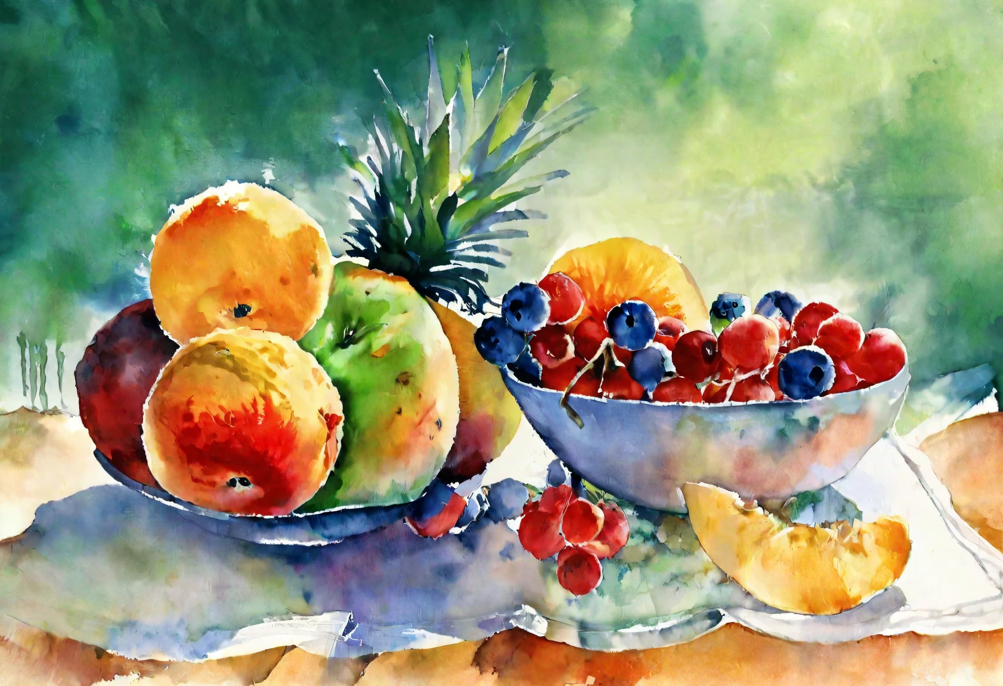 There are 2 bowls of fruit on the table with a green background, 色のついたfruitスタンド,  by Margit Anna , vibrant watercolor painting, ,  Mary Bashkirtsev , Fruit bowl, watercolor画, 豊かなwatercolor画, fruit, fruitの皿, watercolor art, watercolor painting, watercolor, painting, Fruit bowl,  by Franz Heggi 