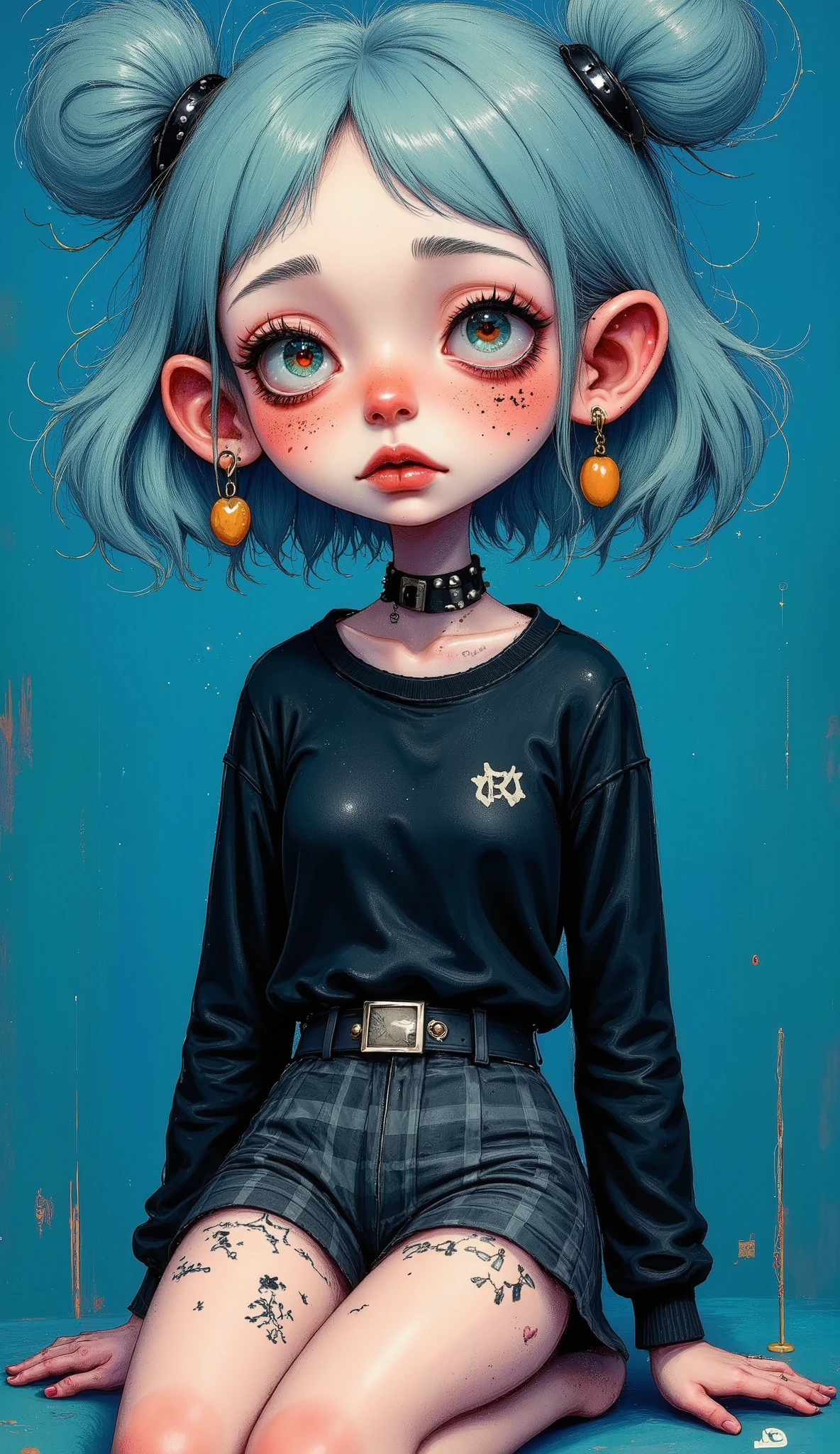     a black girl with tufts of cyan hair and fishnet tights   ,    checkered black and light gray mini skirt   ,      sitting on the open floor   ,    the miniskirt falls between her legs     ,      black belt with silver buckle   ,    sweatshirt with black sleeves     ,      wears several necklaces   ,   dog collar with spikes   ,    head slightly tilted down   , cyan eyes,   long false eyelashes  ,      kisses and full lips     ,      heart tattoo on her cheek long earrings in the shape of a cross     ,    brow length bangs  ,    her hair falls on her shoulders     ,    spiked wives   ,      one arm back and one arm forward between the legs covering your part intimate  ,   blushing cheeks  , 1 7 - **** - *** anime    goth girl   , 1 7 - **** - ***    goth girl   ,    goth girl   ,    goth girl    aesthetic, anime vibes,   gothic aesthetics  , Style Ross Tran, dressed in punk clothes, pastel gothic aesthetic  , Gothic mall   ,    Guweiz-style artwork   ,  Looks like a mix of grimes ,   plain cyan background  , Chiaroscuro,   movie lighting , Fujicolor, U  High definition, Retina,   masterpiece,   Precise,     Anatomically correct  ,   make-up,   super detail  ,   detailed pants ,   high quality,  awarded ,  envelopes , highres, 1080P,   High definition, 16K