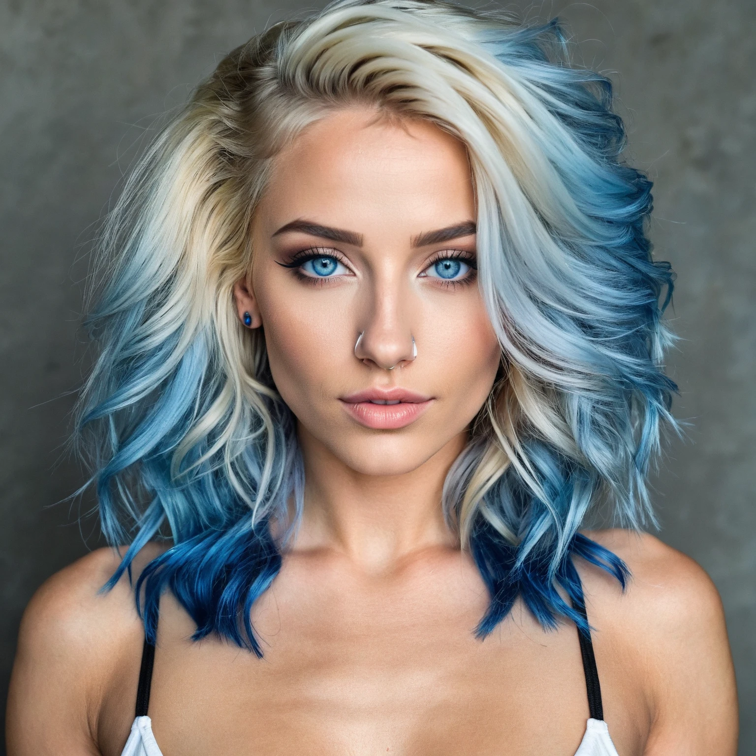 The scene is dominated by a stunning 24-year-old blonde woman, who oozes authenticity and raw beauty. Her bright blue eyes and shoulder-length hair, with hints of faded red dye, draw all the attention. With a height of 160 centimeters, she has fascinating curves, highlighted by her ample breasts and long, thin legs.