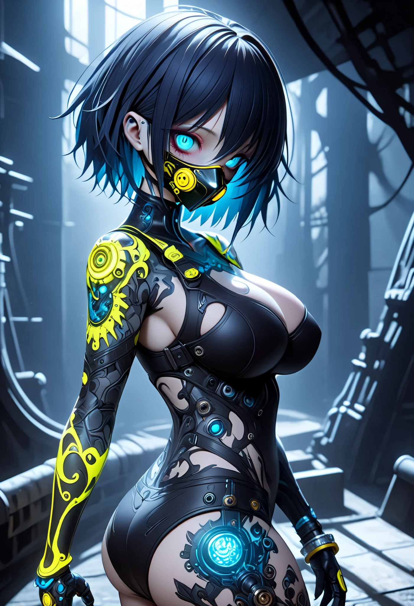 ((The textures are soft)), ((matte and toy-like)), ((with a handmade premium look)), ((Tim Burton style)), Dark, a cyberpunk android with short hair, Big Breasts, big ass, gas mask, intricate mechanical details, High Definition, masterpiece, Accurate, top quality, High Definition model, high detail, Alice in Wonderland,