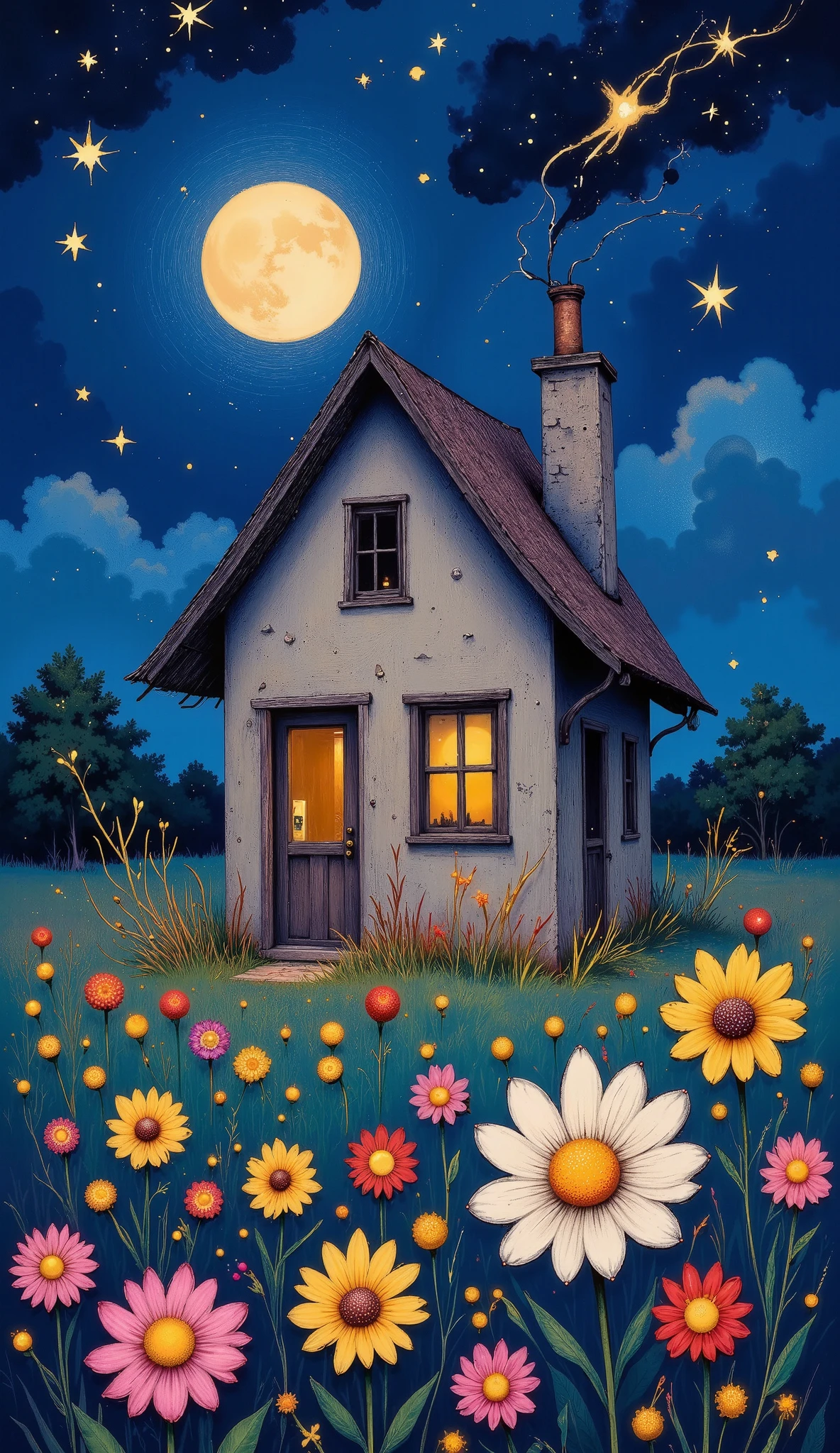 Painting of a house in a field with flowers and a bird, Moonlight shines on wild flowers , field of flowers at night , Dreamy illustration, Cozy night fireflies , quiet night. digital illustration, Picture of a starry night , beautifully illustrated, Jane Newland (New Zealand) (New Zealand) (New Zealand), night sky full of flowers , night scene, blurry and Dreamy illustration, Illustrated in a whimsical style , Moonlit night , Chiaroscuro, movie lighting, U High definition, Retina, masterpiece, Precise, Anatomically correct , make-up, super detail , detailed pants , high quality, awarded , envelopes , highres, make-up, 1080P, High definition, 16K