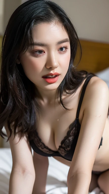 (8k, RAW Photo, Best Quality, Masterpiece:1.2), table top, Ultra Detail, Super Resolution, (Realistic, Realistic Photo:1.37), Portrait, High Detail RAW Color Photo, Professional Photo, Extremely Detailed and Beautiful, Extremely detailed, 8k wallpaper, amazing and detailed, huge file size, official art, highly detailed CG unity 8k wallpaper, highly detailed beautiful girl, highly detailed face, highly detailed eyes, highly detailed skin, highly detailed fingers, highly detailed nose, very detailed detailed mouth , perfect anatomy, highly detailed background, highly detailed clothes, 1girl, 17 year old girl, cute girl, realistic body, fair skin, glowing skin , slim body, handsome body, black hair , semilong hair, (blunt bangs:1.2), smile, cute, youthful, cute face, realistic face, delicate eyes, drooping eyes, looking at viewer, facing front, standing posture, Contraposto, dynamic lighting, (medium chest), (Perfect Body Proportions), (slender Body Proportions), (bedroom), super sexy pose, ((colorful lingerie)), 