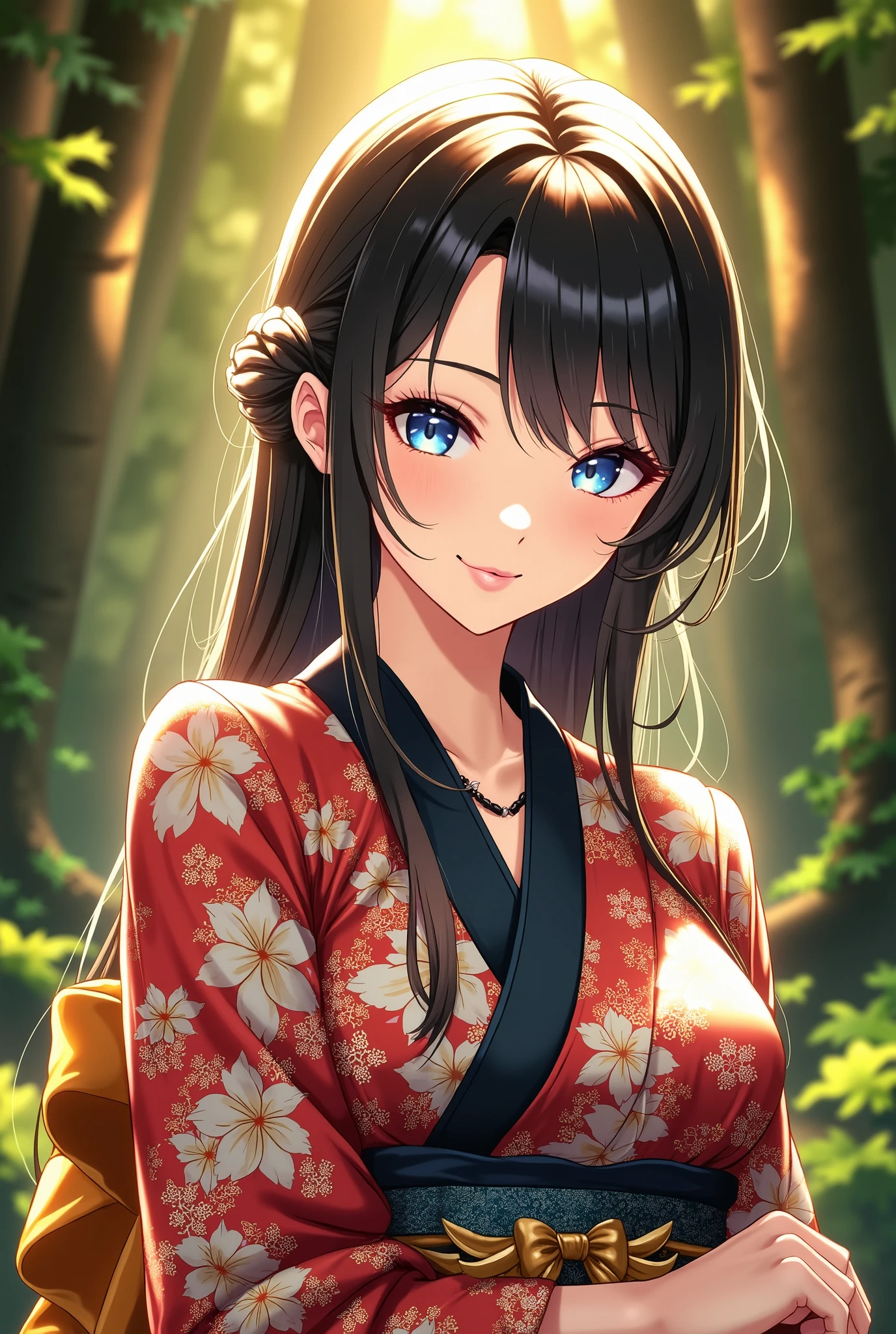 cute beautiful woman in kimono :1.2, Beautiful kimono, smile:1.2, Beautiful clear skin :1.4, Light Pink Skin , beautiful eyes with every detail, glossy lips, very elaborate face , ((Japanese traditional clothing:1.1, Smooth black hair , straight hair:1.4)), random sexy pose on the way to putting on a miniskirt , joy, dramatic lighting , Beautiful round breasts:1.2, An environment in a sacred forest, bright color, Cinematic Composition , anime style:1.2, Detailed CG Illustrations , 8k, masterpiece.