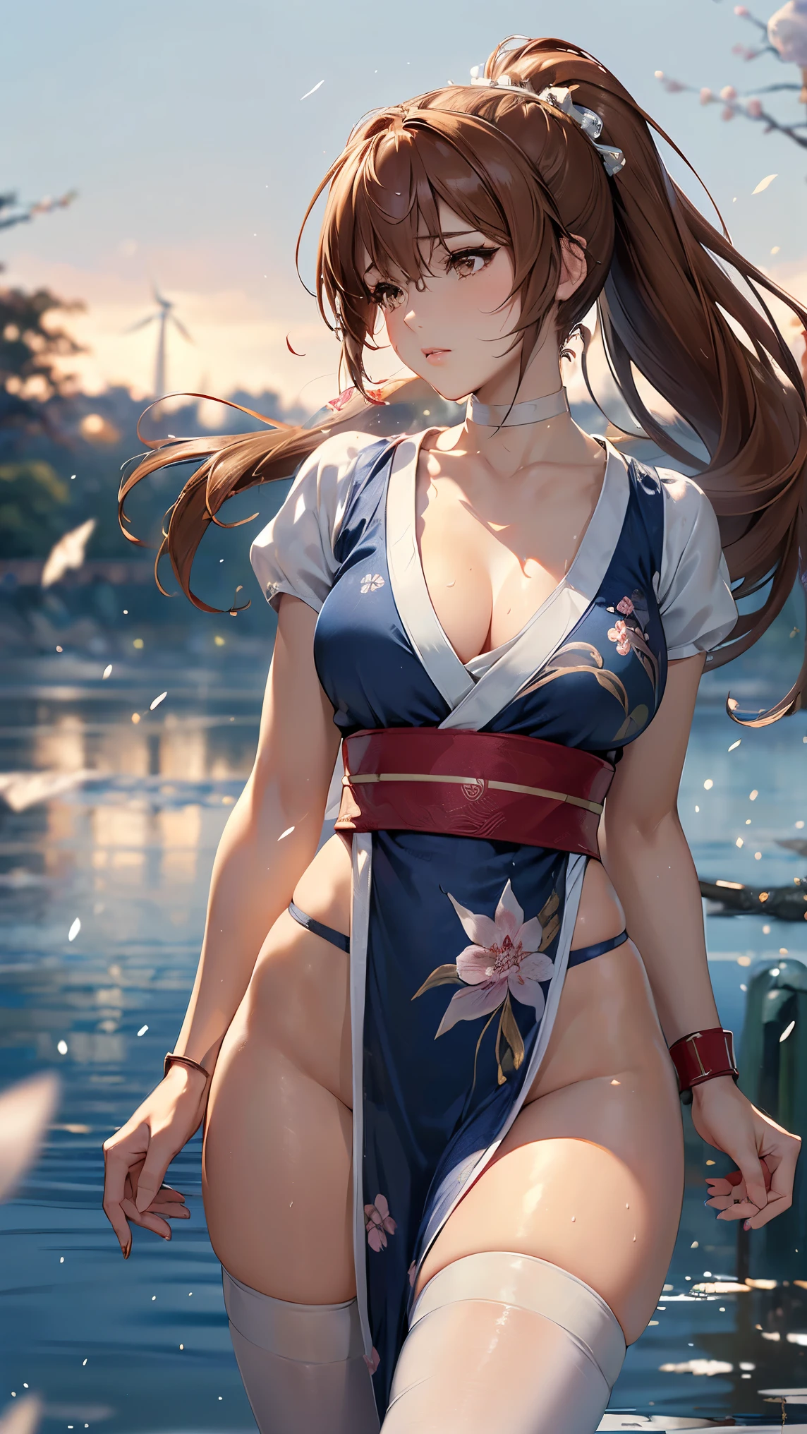 1female， 5，bit girl，Small loli， 独奏，（Background with：Cherry blossom forest，ln the forest，Ground area water） She has short wood-colored hair，Twist braids，seen from the front， hair straight，，（（（tmasterpiece），（Very detailed CG unity 8K wallpaper），best qualtiy，cinmatic lighting，detailed back ground，beatiful detailed eyes，Bright pupils，Blue eyes，Snow-whiteskin，Redlip（Very fine and beautiful），（Beautiful and detailed eye description），ultra - detailed，tmasterpiece，））facing at camera，A high resolution，ultra - detailed），revealing breasts，Bare genitalia，  Bulge，legs are open，Raised sexy，Camel toes，Flushed complexion，Desire for dissatisfaction，frontage，ele cheongsam，The kinky is exposed，Pornographic exposure，Lace bikini