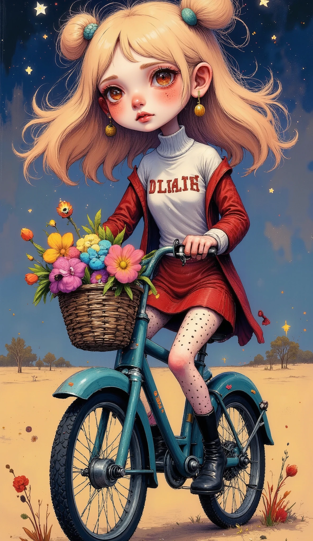    Anatomically correct  ,   Beautiful full body girl   ,   Sitting driving a bicycle with baskets full of flowers, ((Manga style:1.5)), Linear   ,    she is half profile    ,    red and black checkered miniskirt    ,    three-quarter fishnet stockings    , long black boots,    white sweatshirt with red letters    ,   waving in the wind   , red wool hat    ,     red and black jacket that falls on your shoulders    ,   field background at dusk     , flores ,    an anime drawing by Masamune Shirow    ,    dynamic and sensual pose    ,  trend in pixiv , Furry art, Danganronpa digital art,    Anime style ,    Anime style ”, Blonde anime girl with long hair ,    High Quality Anime Art Style    ,    ranked among the best in pixiv    ,    beautiful high school anime girl    , obra de arte de    Anime style ,    anime illustration trend   