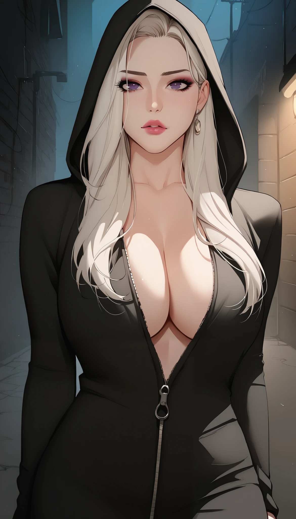 score_9, score_8_up, score_7_up, score_6_up, score_5_up, score_4_up, BREAK 1girl, intricate, cute pout in love, black sweatshirt, hood, open zipper slightly revealing your cleavage, slightly open, long sleeves, seductive neckline, Yakuza outfit , (eyeliner:1.2), looking at viewer, white hair, purple eyes, long hair, pink lips , pale skin, jewelry, detailed background, big breasts (masterpiece, high quality:1), dark alley, poor lighting, night, voluptuous body, mature woman