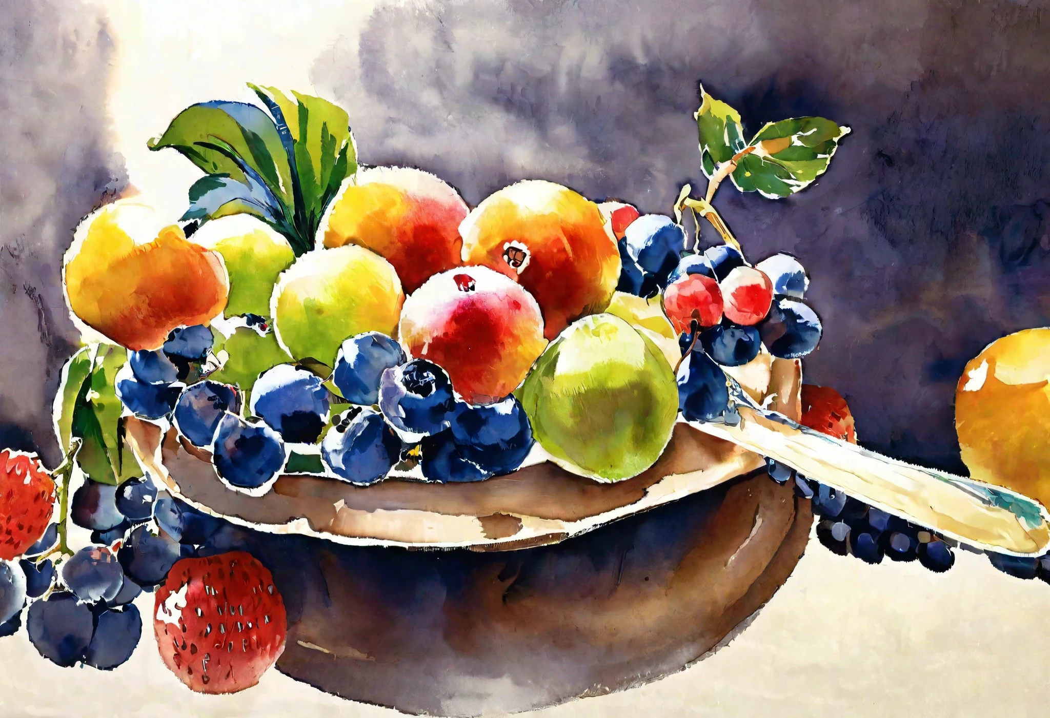 painting of a Fruit bowl with a spoon of fruit, watercolor painting style, watercolor detailed art, (a Fruit bowl)!!!!!!!!!, Fruit bowl, Fruit bowl, watercolor art, watercolor painting, vibrant watercolor painting, watercolor画, watercolor digital painting, watercolor画アート, vibrant watercolor, watercolor illustration, watercolor画, 豊かなwatercolor画, watercolor画, watercolor