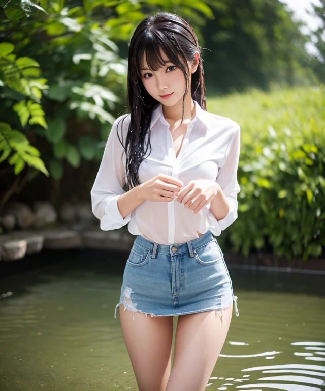 1 Japanese beautiful girl,28yo girl, Super beautiful detailed face, (smile:1.4), earrings, (blonde semi-long straight hair with parted bangs:1.6),(front view:1.5), (medium shot), (chubby body), (neutral-colored large areola:1.4),(nipples), BREAK, masterpiece, best quality, ultra quality, high quality, realistic, photo realistic, RAW photo, hyper detailed, intricate detaile,(crowded street:1.2),cinematic lighting,(denim micro skirt:1.3),(no bra),(wetshirt:1.3),white T-shirt,(wet hair), ((dark cloud and sky)), raining, (rain filtered), (rain splashes in water),(lightning:1.3),(raindrops:1.1),(downpour:1.2),(raining:1.3),(nipples poking through shirt:1.2),above knee shot,((from front)),(skirtlift),(wearing detailed sexy thong:1.6),(wet panty),(hairy pussy:1.1),(camel toe),