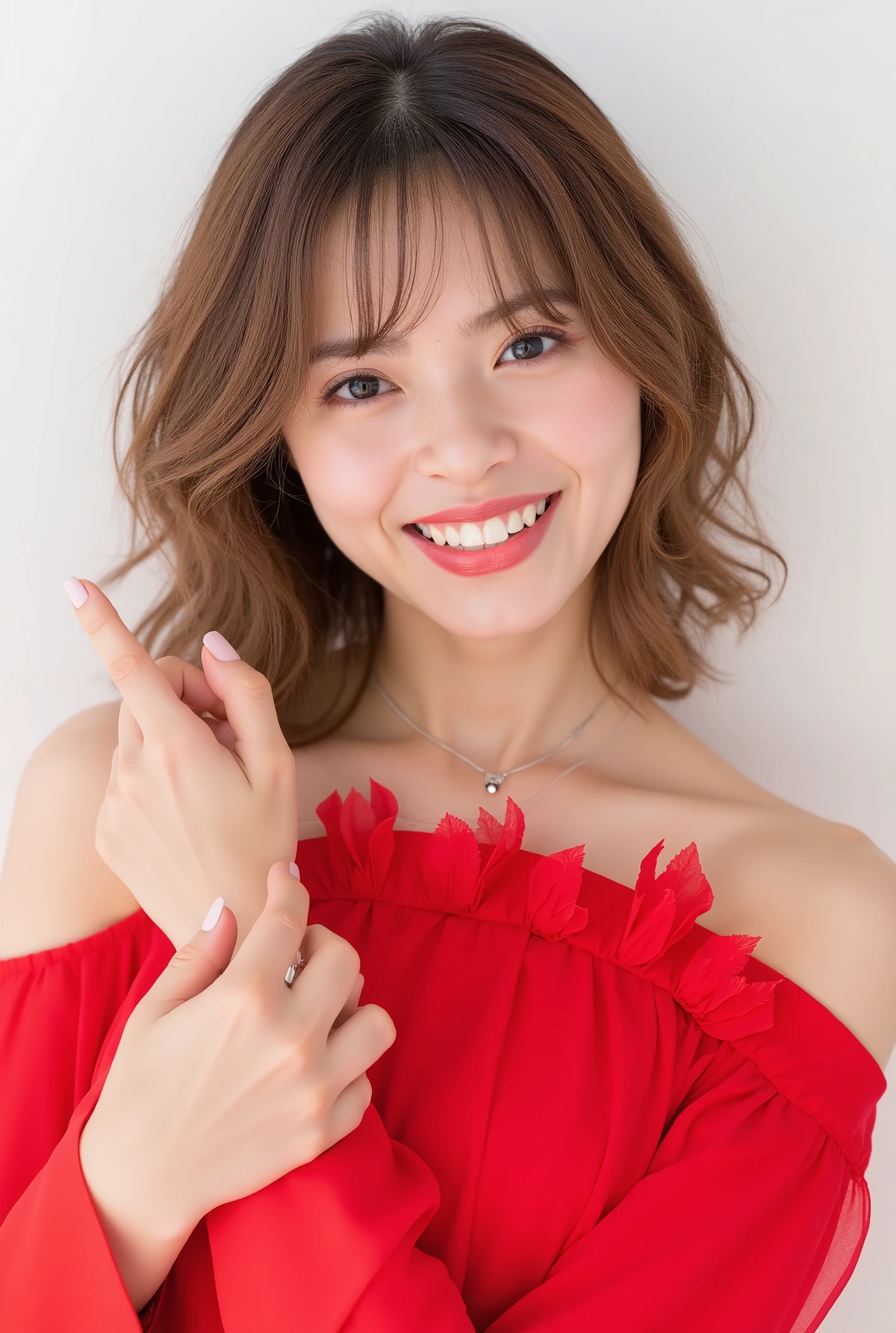 Beautiful Japanese woman 、、 She is wearing a red off-the-shoulder dress、Red eyeshadow 、Hairstyle: Medium long、wavy hair 、 Light Brown Hair 、 ear piercing、 Smiling Face Showing Her Teeth 、 necklace、 white background