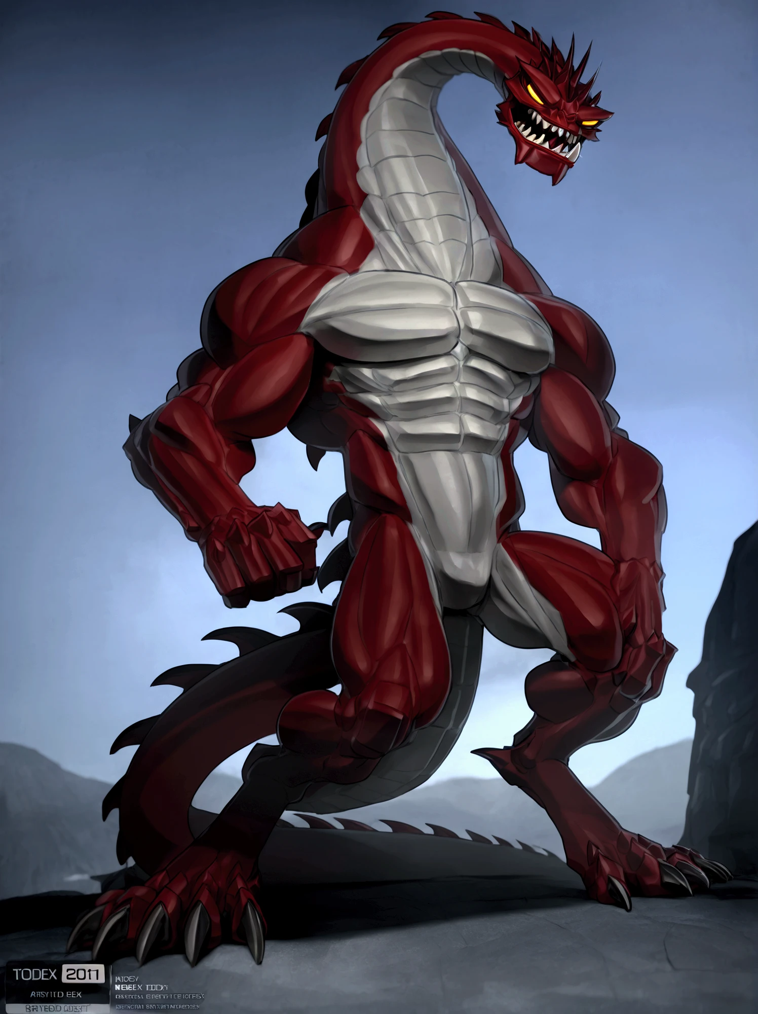 a cartoon image of a character standing in a beach,dynamic posing,commission for high res,rath_(ben_10), muscular, muscular_male, muscular_anthro, by_takahirosi,3d art,((topless,bottomless))