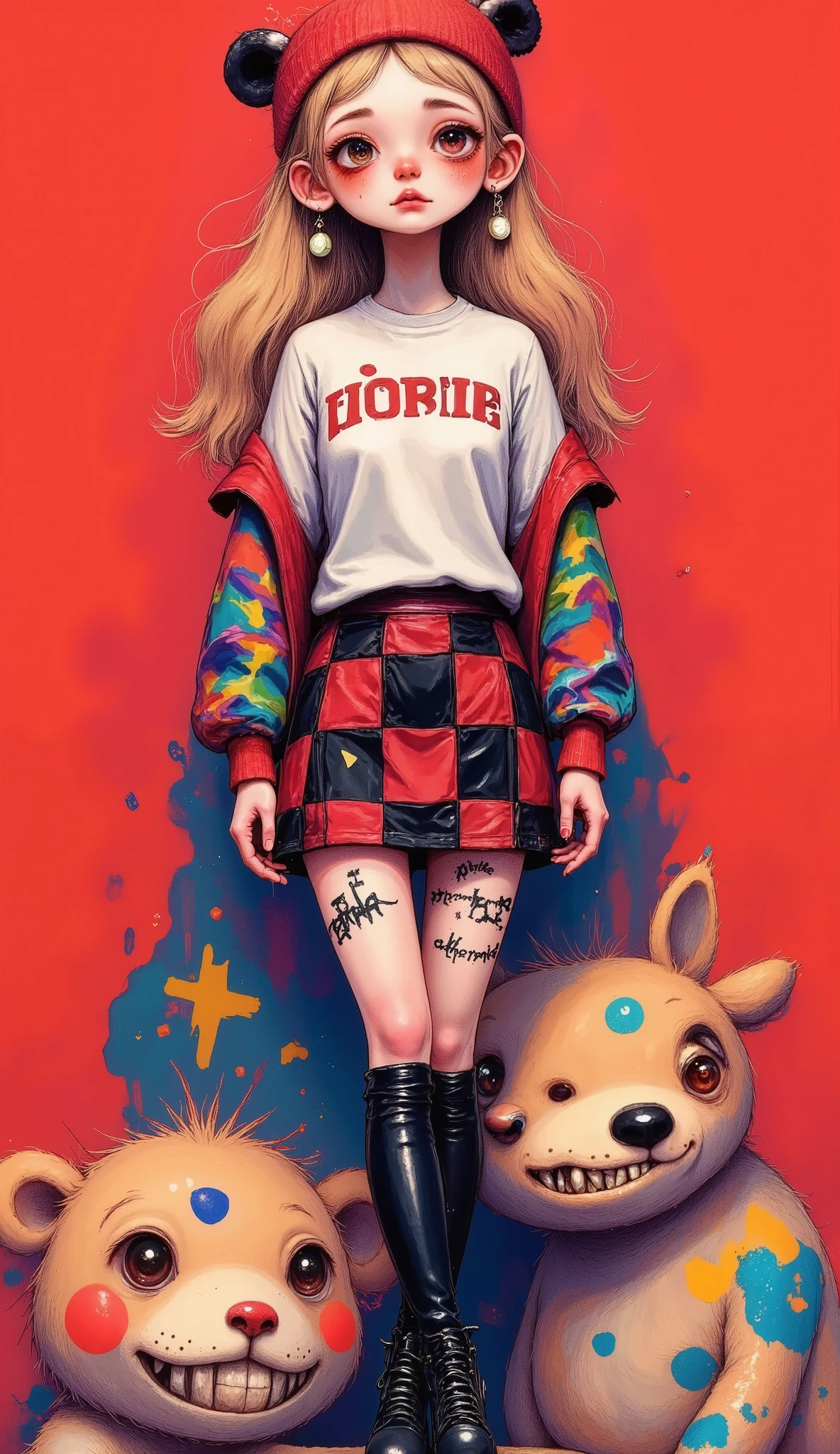     Anatomically correct  ,      anime girl with a giant teddy bear behind in the background,      she is half profile      ,      red and black checkered miniskirt      ,      three-quarter fishnet stockings      , long black boots,      white sweatshirt with red letters      ,      waving in the wind     , red wool hat      ,       red and black jacket that falls on your shoulders      ,      red background      ,      an anime drawing by Masamune Shirow      ,      dynamic and sensual pose     ,  trend in pixiv , Furry art, Danganronpa digital art,      Anime style  ,      Anime style ”,  Blonde anime girl with long hair  ,     High Quality Anime Art Style     ,      ranked among the best in pixiv      ,     beautiful high school anime girl   , obra de arte de      Anime style  ,      anime illustration trend     