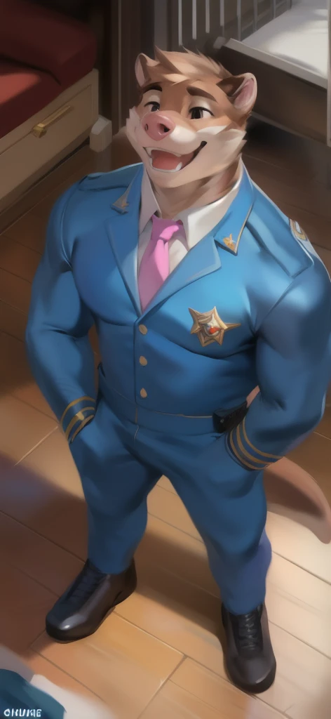 polar bone, police, muscular, blue eyes