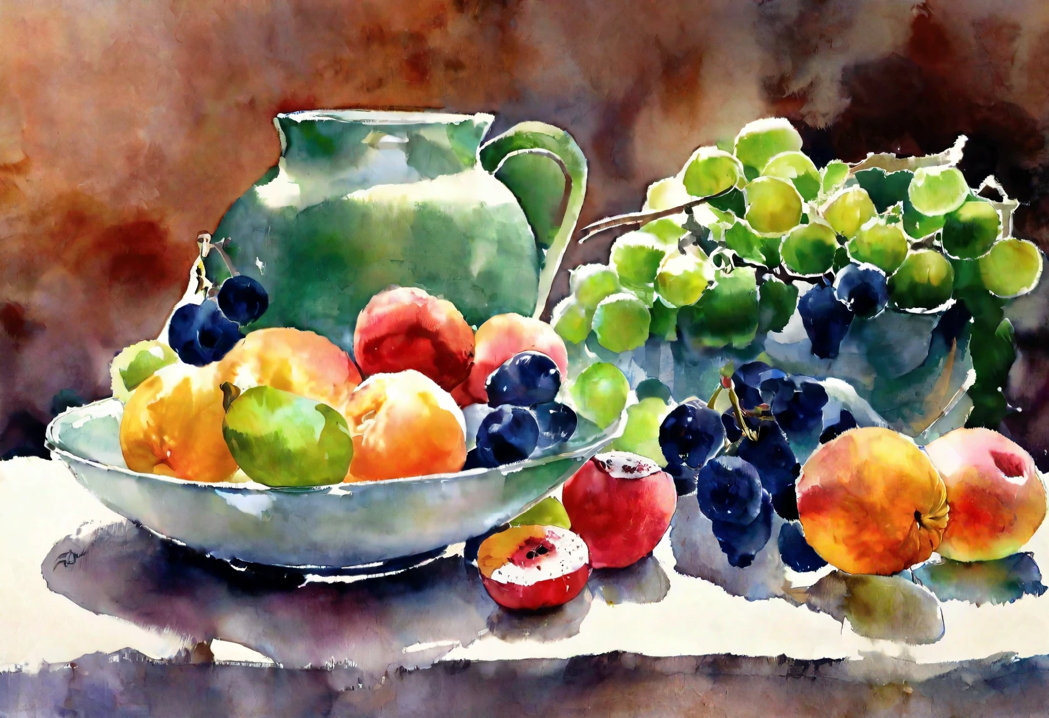 There are 2 bowls of fruit on the table with a green background, 色のついたfruitスタンド,  by Margit Anna , vibrant watercolor painting, ,  Mary Bashkirtsev , Fruit bowl, watercolor画, 豊かなwatercolor画, fruit, fruitの皿, watercolor art, watercolor painting, watercolor,  painting, Fruit bowl,  by Franz Heggi 