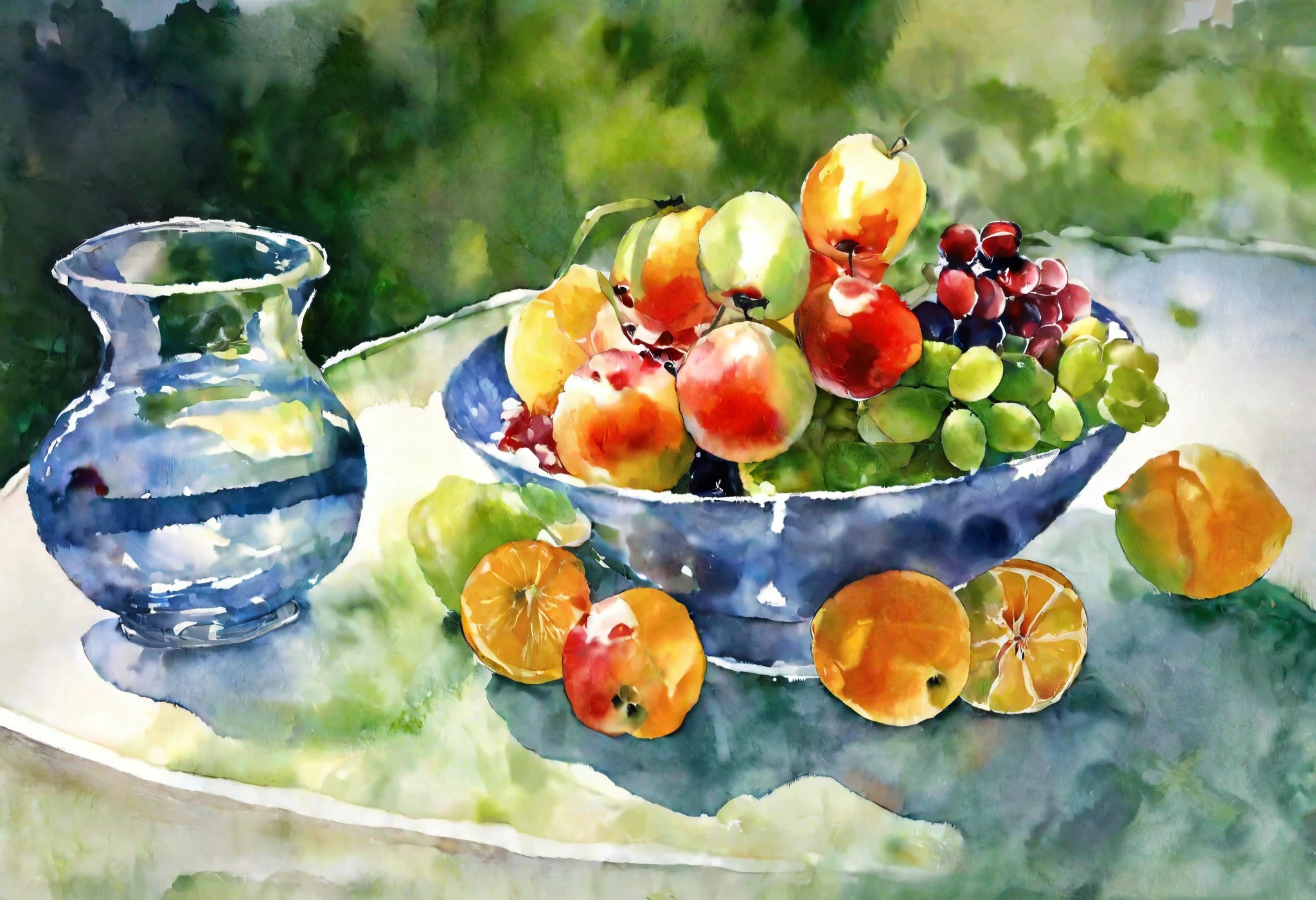 There are 2 bowls of fruit on the table with a green background, 色のついたfruitスタンド, by Margit Anna , vibrant watercolor painting, , Mary Bashkirtsev , Fruit bowl, watercolor画, 豊かなwatercolor画, fruit, fruitの皿, watercolor art, watercolor painting, watercolor, painting, Fruit bowl, by Franz Heggi