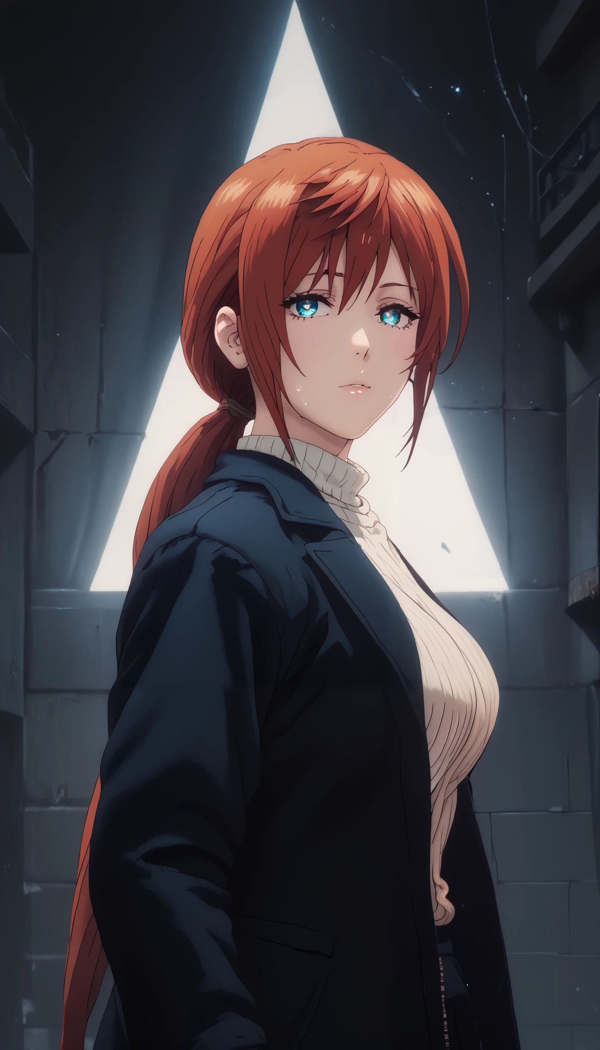 (cutesexyrobutts style:0.8), score_8_up, score_6_up, uncensored, hiyori miyazaki, long hair, blue eyes, ponytail, low-tied ponytail, red hair, large breasts, mature female, bright pupils, anime coloring, anime screencap, shiny skin, (voluptuous:1.3), (thick:1.3), BREAK UHD, retina, masterpiece, accurate, anatomically correct, textured skin, super detail, high details, high quality, award winning, best quality, highres, 4K, black nails, makeup, eyelashes, excessive sweating, sweating, sweating drop, (gasping, heavy breathing:1.3), (skindentation:1.2), perfect eyes, beautiful eyes, eyelashes, makeup, detailed body, perfect body, BREAK, fantasy, 1girl, solo, looking_at_viewer, jacket, sweater, upper_body, sidelocks, breasts,  coat, ribbed_sweater, turtleneck, 