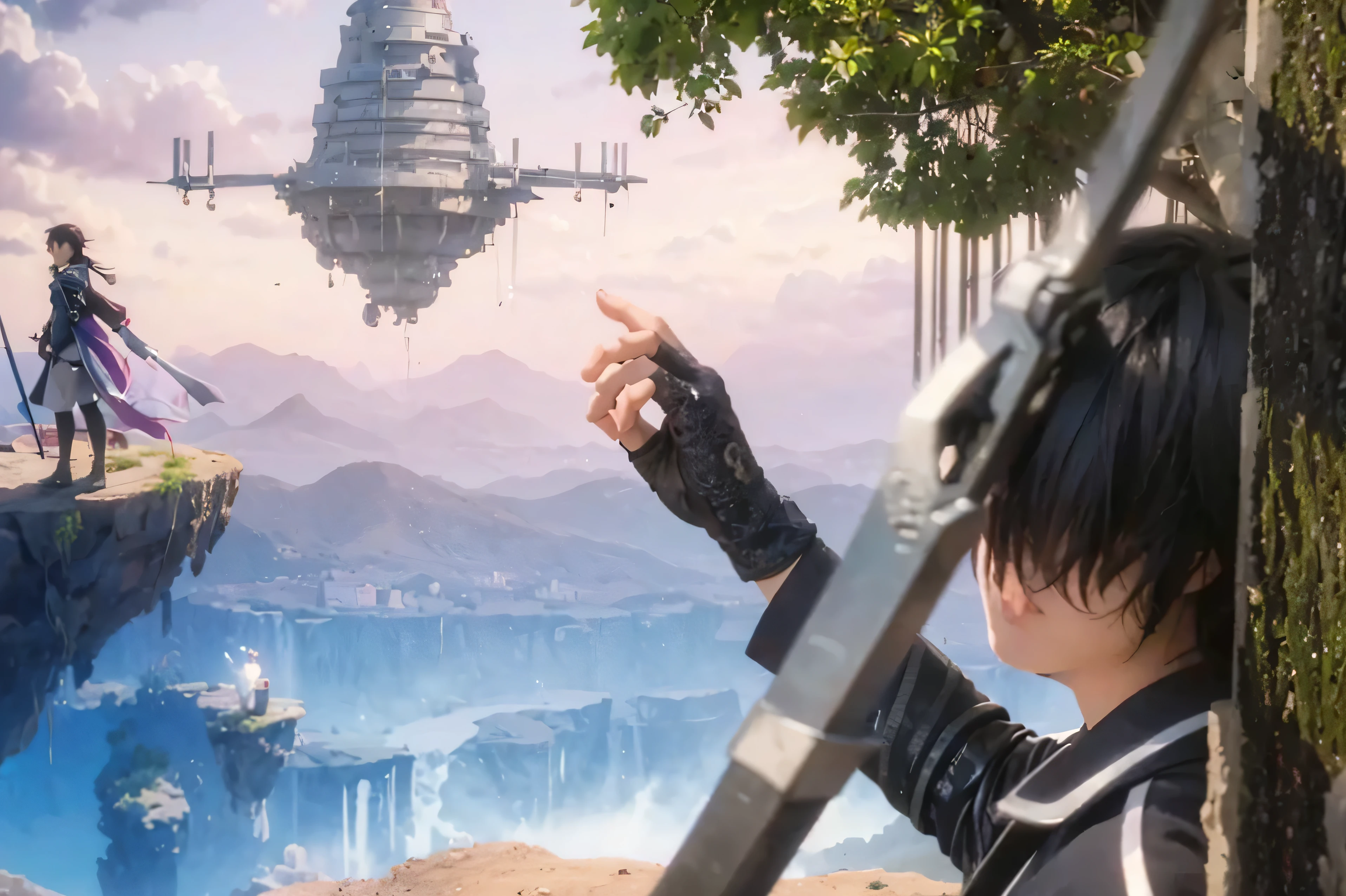 ((KIRIGAYA KAZUTO_SWORD ART ONLINE),((realistic, photorealistic)),(highlight hair)), Light reflection, (( HD )),((upper body)), (((best quality, masterpiece))), (masterpiece) (best quality) (detail) (8k) (HDR) (wallpaper) (cinematic lighting) (sharp focuasterpiece, best quality: 1.1), Real life adaption of this character, Shining Purple eyes, realistic outfit, realistic shadow, realistic light, realism, hyper realistic, realistic background,(photorealistic:1.2), (Masterpiece:1.4), (best quality:1.2), kirigayakazuto, kirigaya kazuto, black hair, (black eyes:1.5), male focus,
BREAK shirt, black shirt, coat, black coat, pants, black pants,
BREAK outdoors, nature, forest, sun, sky,
BREAK , (cowboy shot:1.5),
BREAK (masterpiece:1.2), best quality, high resolution, unity 8k wallpaper, (illustration:0.8), (beautiful detailed eyes:1.6), extremely detailed face, perfect lighting, extremely detailed CG, (perfect hands, perfect anatomy),score_9, score_8_up, score_7_up, source_anime, semi-realistic,, upper body, , 1boy, solo, male focus, kazuto_kirigaya, black hair, black eyes, hair between eyes, short hair, , sword art online: alicization, , , Arms extended wide, expressing openness, leaning against the god tree,Floating land,