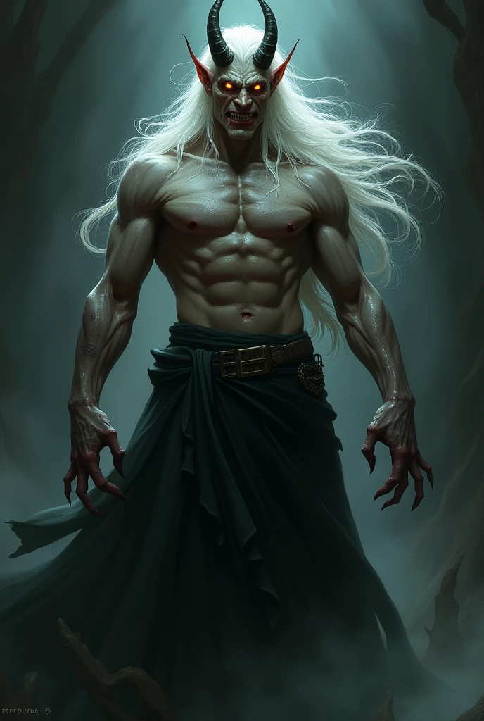 White skinned male character, red-eyed, white hair and has the appearance of a wild and demonic man, with panties and with a large genital volume