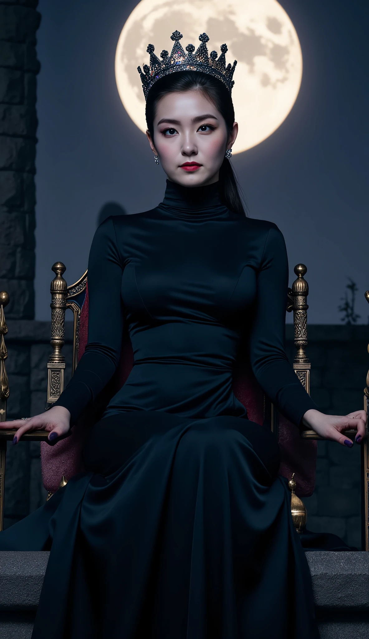 a queen , sitting on throne , castle background at night , very bright moon , using long sleeve black satin fabric turtle neck t-shirt, using a long maxi skirt to the toe of a black color, long black bow , using a crown of black color