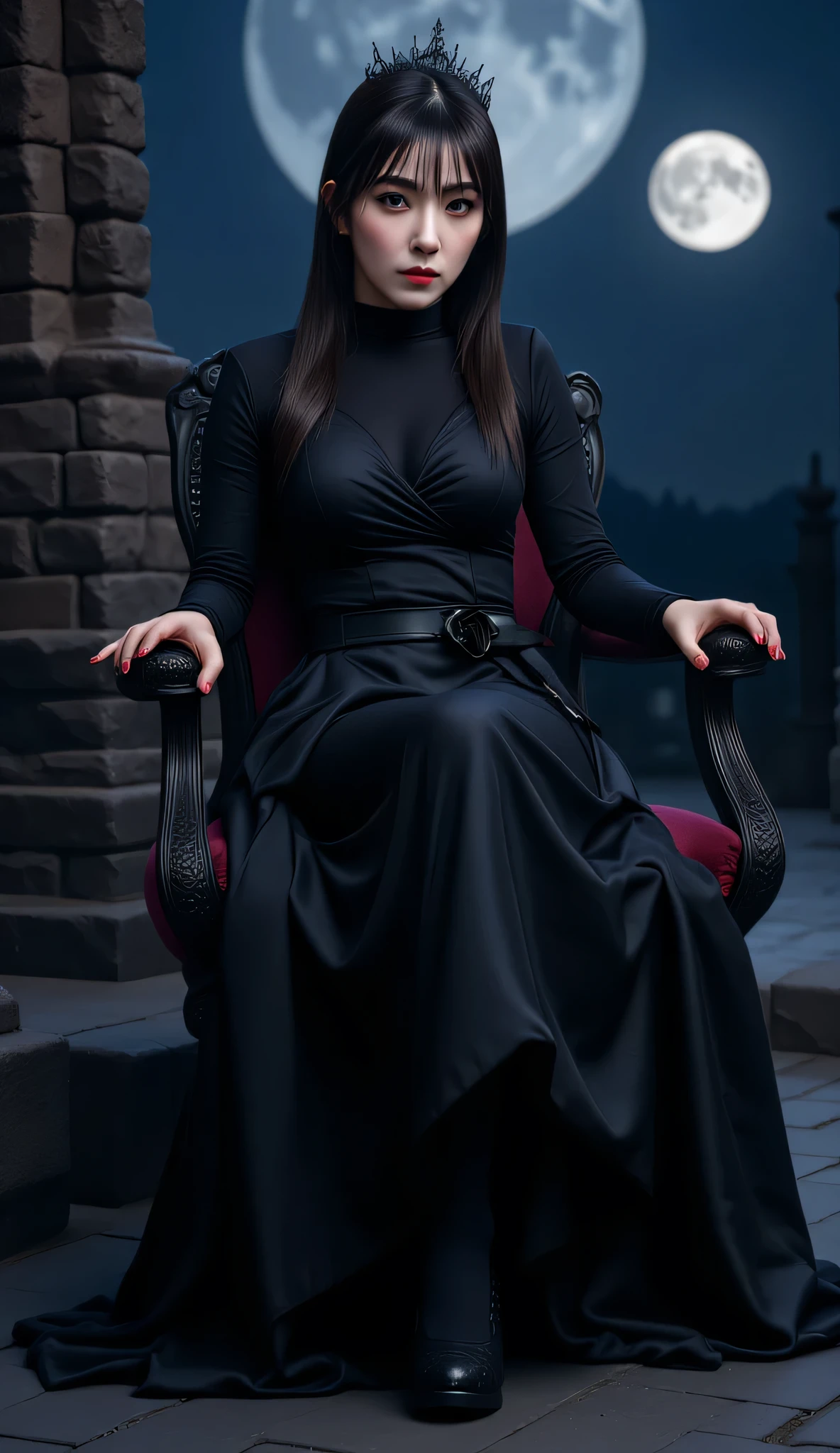 a queen , sitting on throne , castle background at night , very bright moon , using long sleeve black satin fabric turtle neck t-shirt, using a long maxi skirt to the toe of a black color, long black bow , aunty in black, using a crown of black color