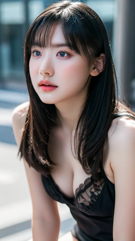 Browsing Caution, masterpiece, Highest quality, 8k, 1 girl, 20 I, Please open your mouth a little, Ambiguous language, close, close up of face, alone, cute, Girlish, Delicate girl, Pure beauty, RAW Photos, Professional photography, Portraiture, Soft Light, Professional Lighting, Backlight, I look forward to meeting you, Sophisticated, Film Grain, (Eye and facial details:1.0), Big breasts and long hair floating, dress, bondage, collar,beautiful, Flowing Hair, Hunchback、bangs, whole body